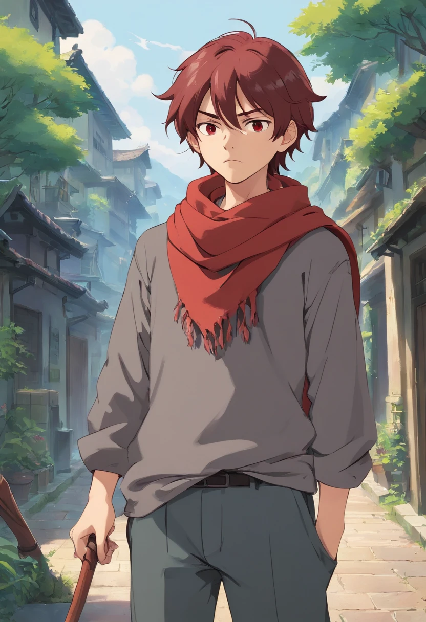 A young -yeld maith messy dark red hair, black eyes, a gray apocalypse-style long-sleeved blouse, a scarf with a long gray pants, looking tired and lazy, with a scar on his face, a relaxed posture holding a large light red scythe;