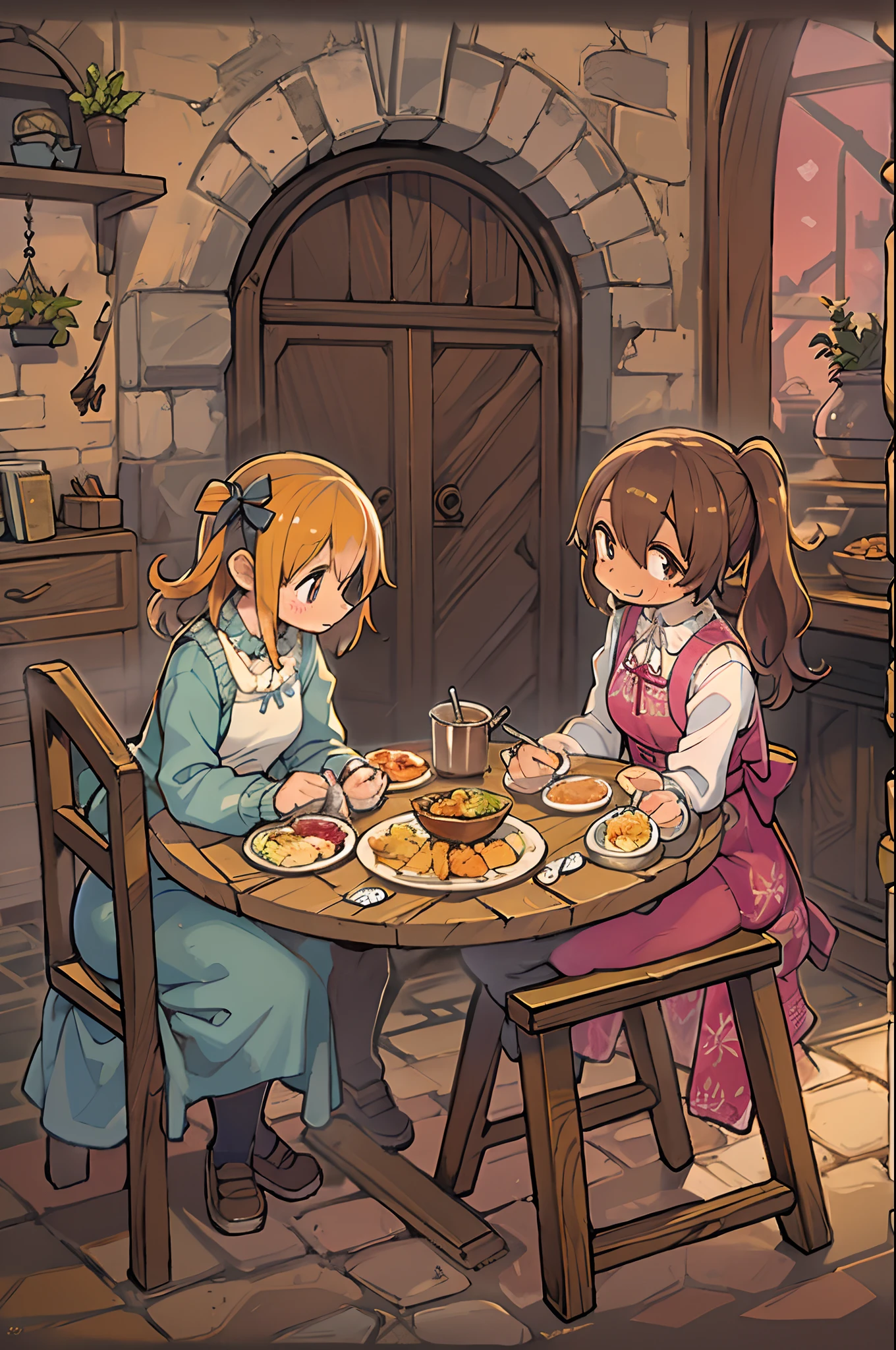 Rural, Medieval, inn, Indoors, humble, The table, a chair, Dinner Plate, quadratic, Pibix ,2girls