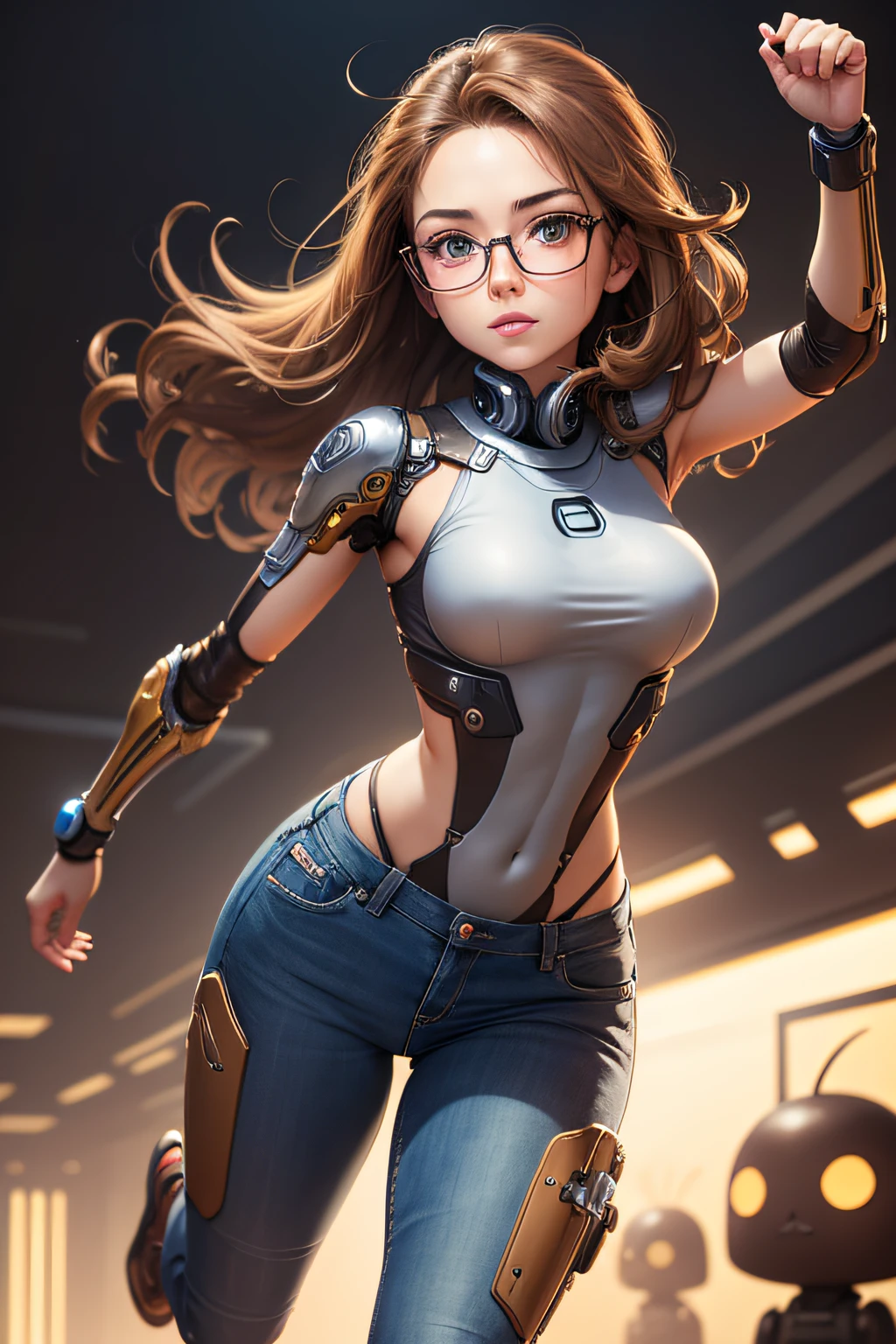 masterpiece, woman, light brown hair, nerdy, but without glasses, wearing jeans, studio illumination, cartoon style, chibi, running, cybernetic futuristic background, highly detailed