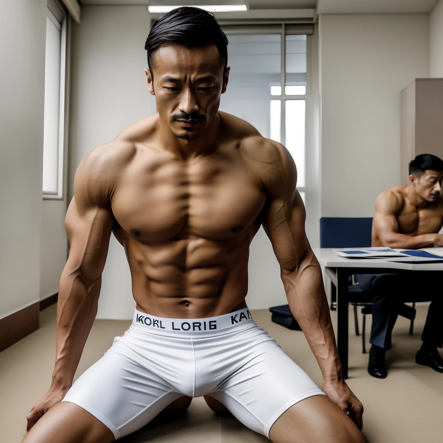 35yo,Hidetoshi Nakata,(Kogoro Mouri 1.3),Shirtless,Tong,Bulge,fortitude,office room,Three people knelt,Begging for white leggings,musculature,fortitude,k hd,with mustache, photorealistic perfect body, Muscular, Muscular
