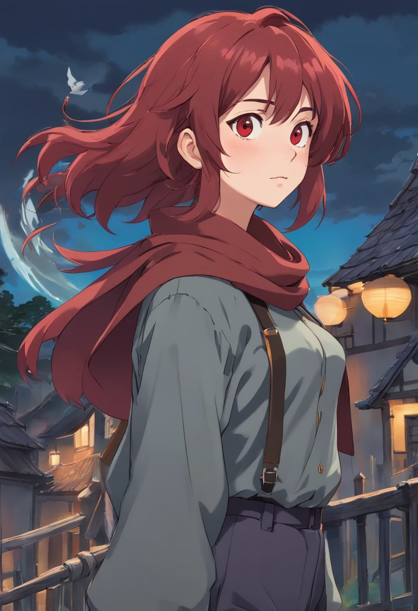 A 17-year-old girl with messy dark red hair, black eyes, a gray apocalypse-style long-sleeved blouse, a scarf with a long gray pants with a tired and lazy look with a scar on his face, a relaxed posture holding a large light red scythe.