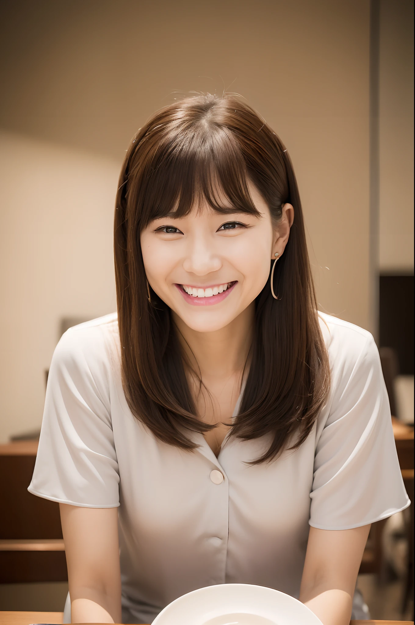 smiling woman with a hair band on her head sitting at a table, an album cover inspired by Kim Jeong-hui, tumblr, realism, she is smiling and happy, with bangs, chiho, she is smiling, earing a shirt laughing, neat hair with bangs, portrait of jossi of blackpink, dimples, smiling slightly