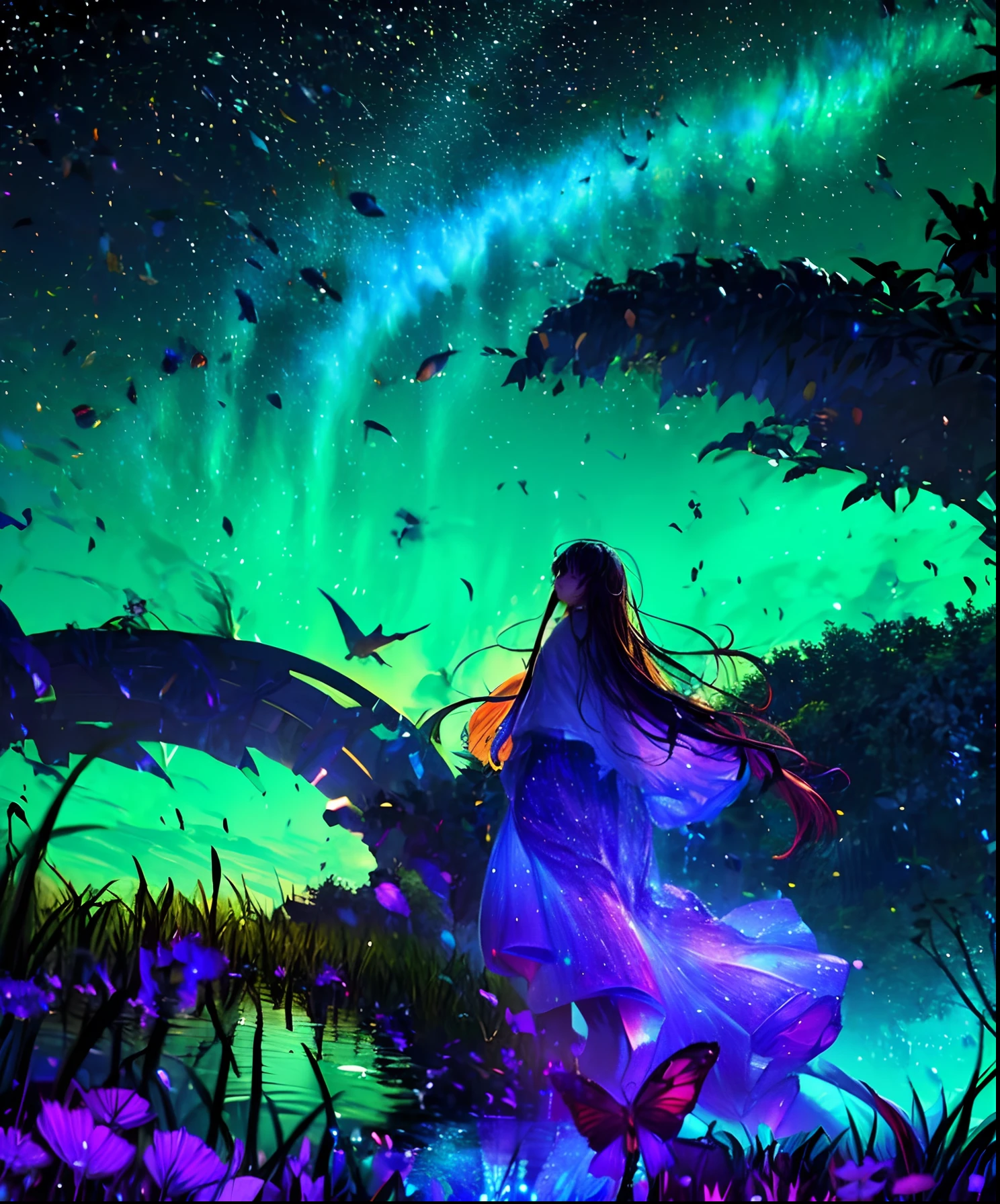 Cute girl characters、Describes a scene with grassy butterflies lying on the water flying around, Looking up at the starry sky. Surround her with colorful nebulae and her favorite constellations.