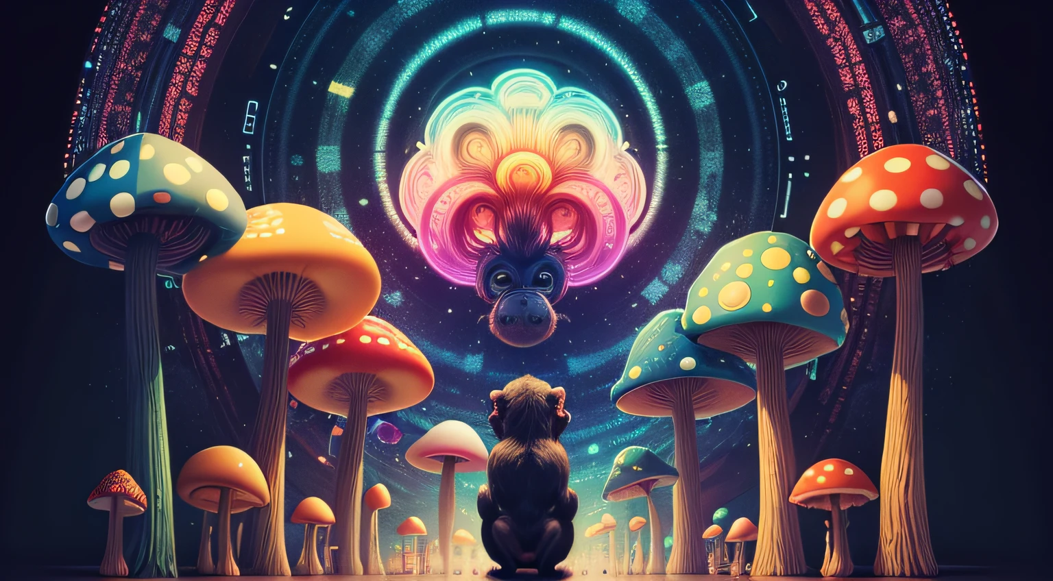 monkey, adventure, mushroom, inspiring, masterpiece, psychedelic, universe