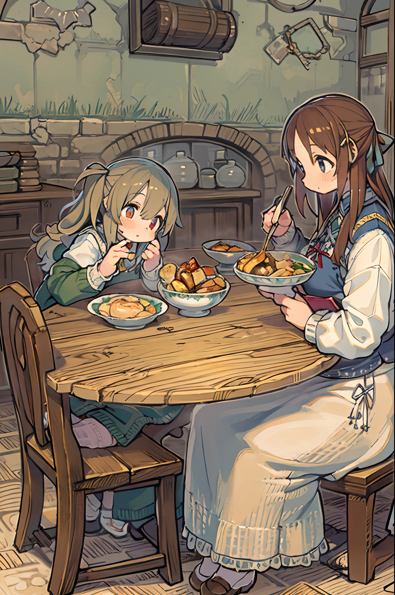 Rural, Medieval, inn, Indoors, humble, The table, a chair, Dinner Plate, quadratic, Pibix ,2girls