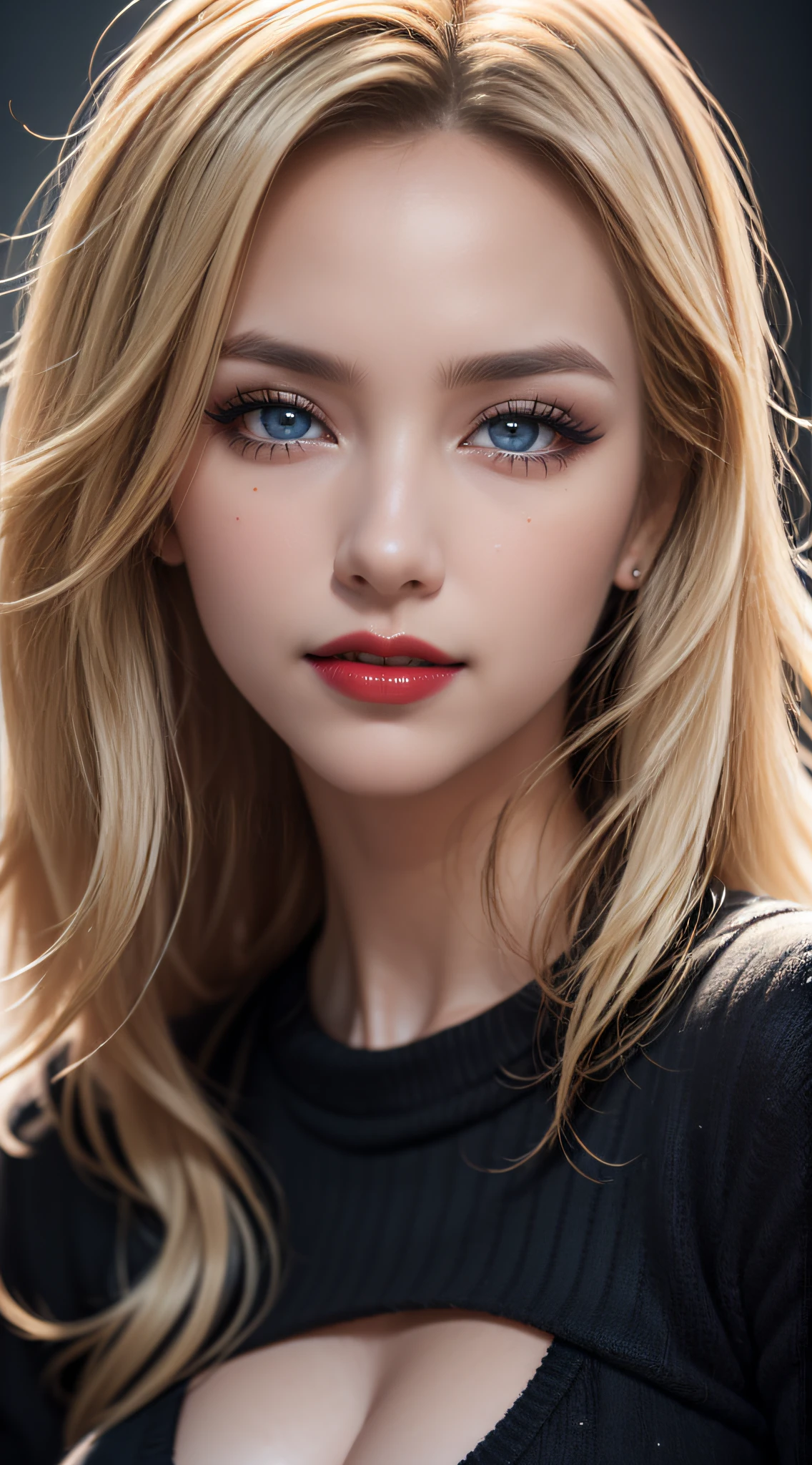 (8k Ultra HD, image 9:17, 8k, masterpiece, RAW photo, best quality, detail: 1.6), 3D, rich colors, photorealistic, incredibly detailed CG Unity 8k wallpaper, cinema light, (sharp focus: 1.2), (extremely beautiful face, beautiful lips, beautiful big eyes), clean eyes, (big smile), beautiful nod_woman, a ((woman with long (((blonde)) hair and a black sweater)), perfect nod_body, perfect nod_face, (((dark makeup, red lipstick, eyeliner, cheveux noirs moelleux, Hair illumination, voluminous lighting, expressive eyes))), ((face with intricate details)), ((very detailed skin)), ((close up face:1.3)), upper body shot)