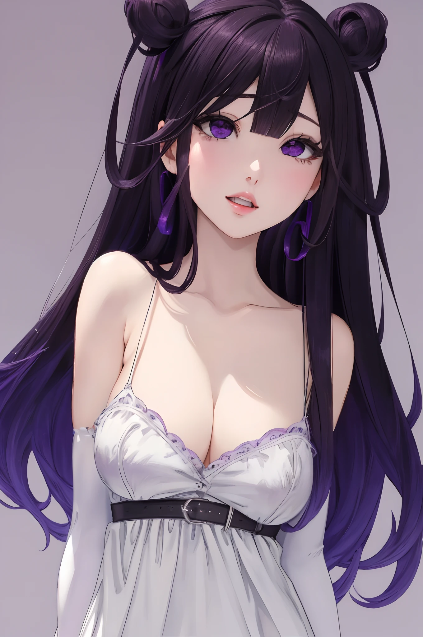 A dark-haired、Hair、Background white、Photorealsitic, hight resolution, 1 rapariga, Korea person, Heterochromia eyes, a purple eye、Blunt bangs、Dark hair、1girl in, masutepiece,  Best Quality,  High quality、Ahegao、