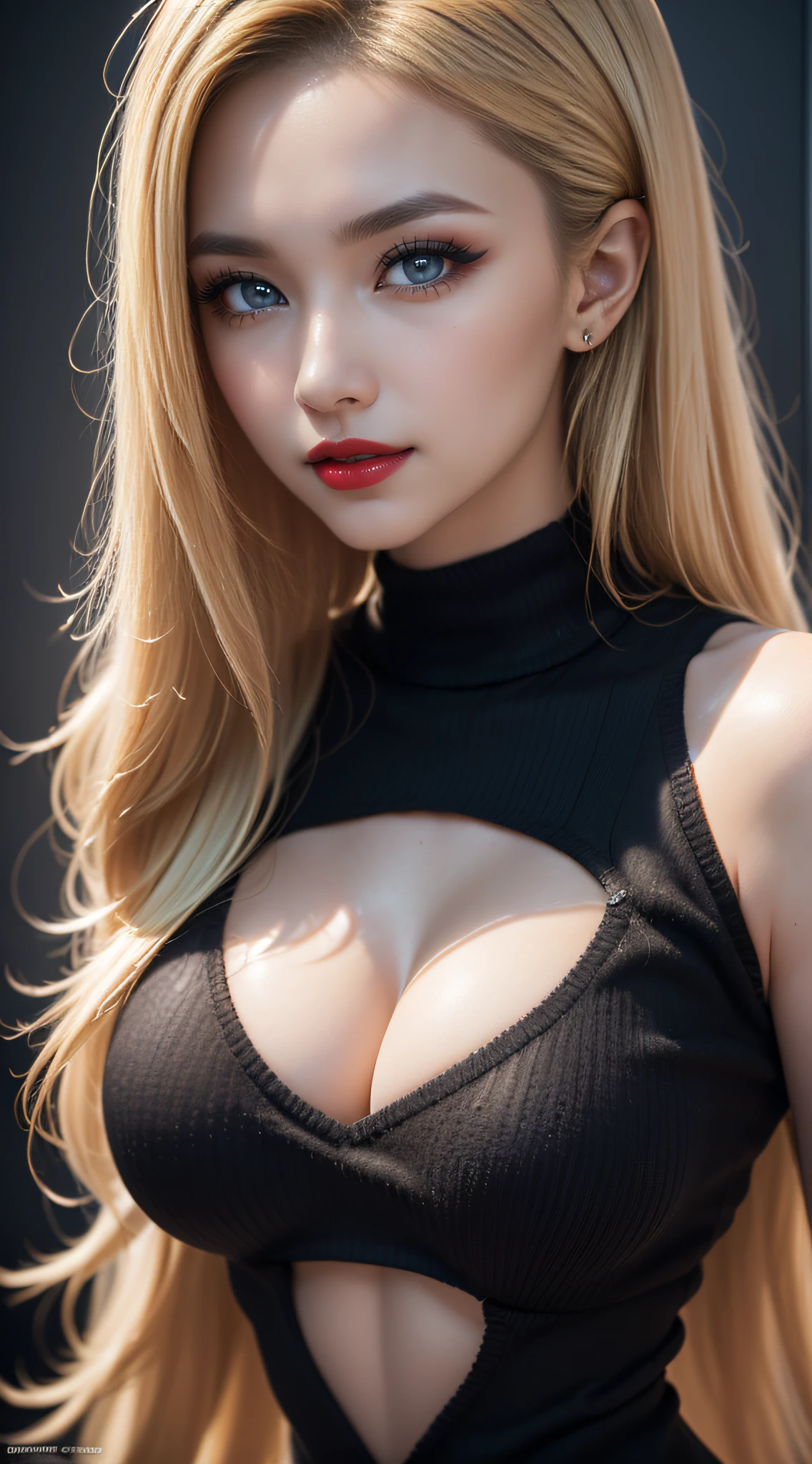 (8k Ultra HD, image 9:17, 8k, masterpiece, RAW photo, best quality, detail: 1.6), 3D, rich colors, photorealistic, incredibly detailed CG Unity 8k wallpaper, cinema light, (sharp focus: 1.2), (extremely beautiful face, beautiful lips, beautiful big eyes), clean eyes, (big smile), beautiful nod_woman, a ((woman with long (((blonde)) hair and a black sweater)), perfect nod_body, perfect nod_face, (((dark makeup, red lipstick, eyeliner, cheveux noirs moelleux, Hair illumination, voluminous lighting, expressive eyes))), ((face with intricate details)), ((very detailed skin)), ((close up face:1.3)), upper body shot)