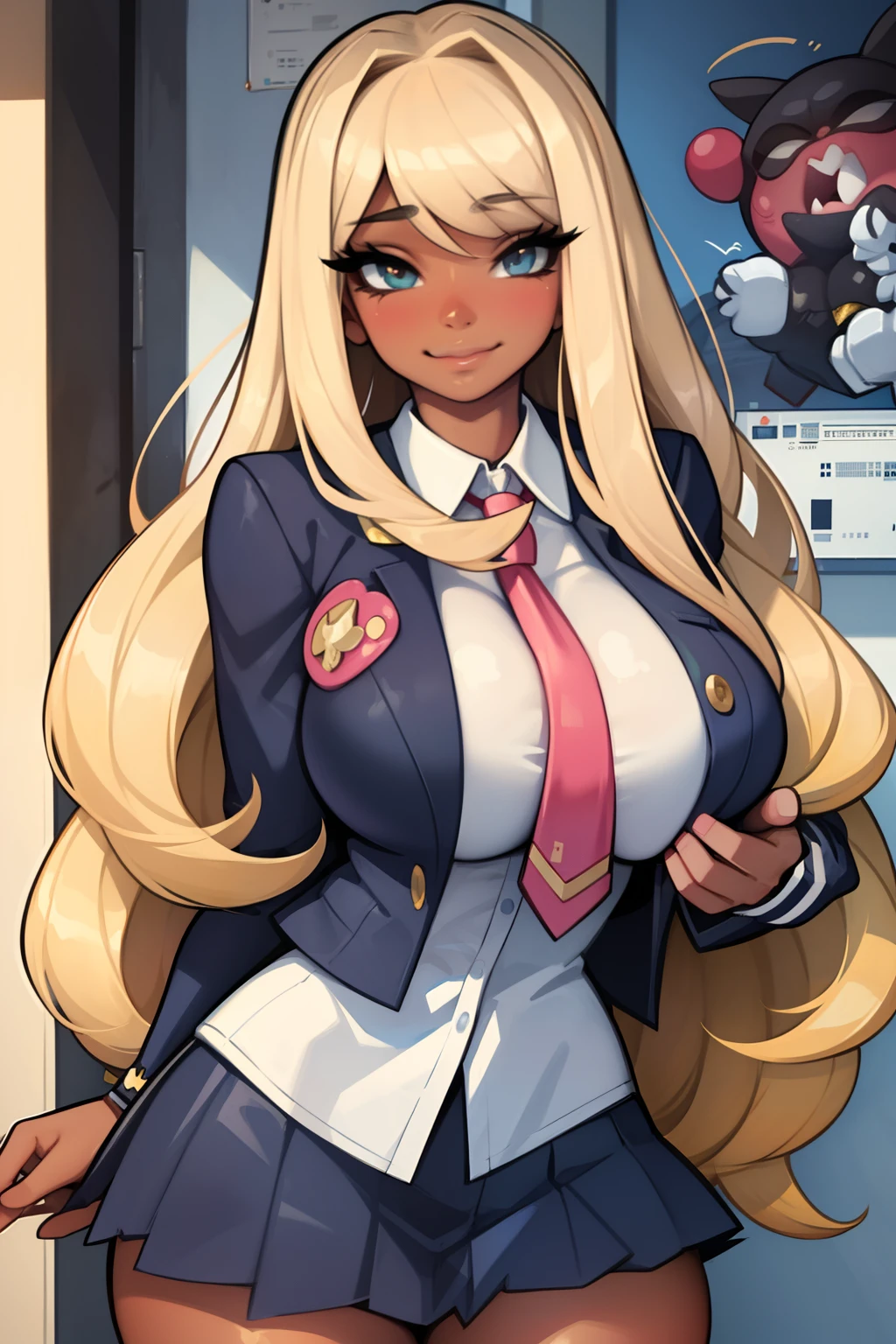 blonde, darkskin, gyaru, sly smile, huge breasts, school clothes, school uniform, bangs over eyes