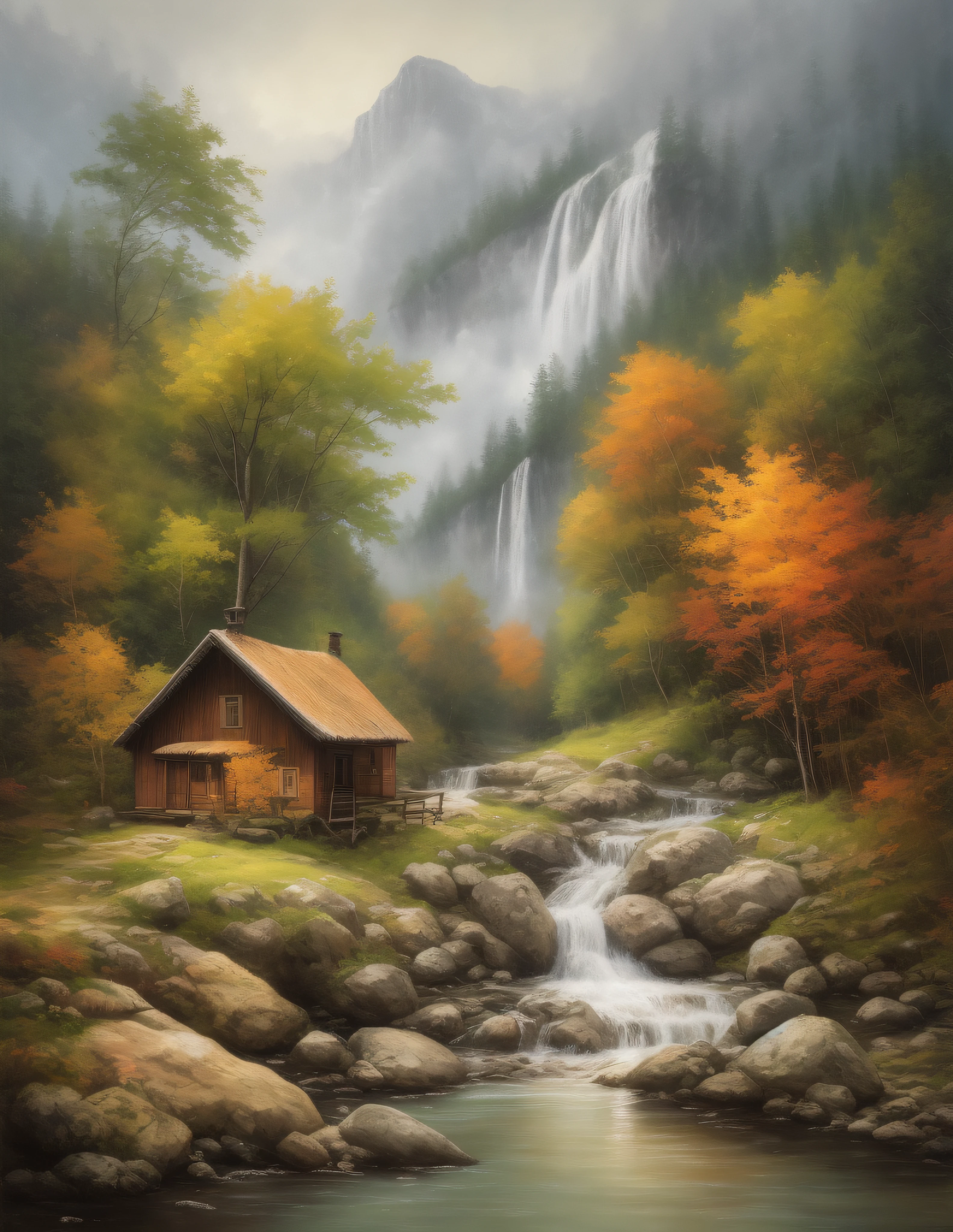 painting of a cabin in a mountain stream with a waterfall, 4 k oil painting, beautiful oil matte painting, oil painting 4 k, oil painting 4k, cottage in the forest, beautiful oil painting on canvas, beautiful digital painting, smooth oil painting, beautiful art uhd 4 k, 8 k hd detailed oil painting, oil digital painting