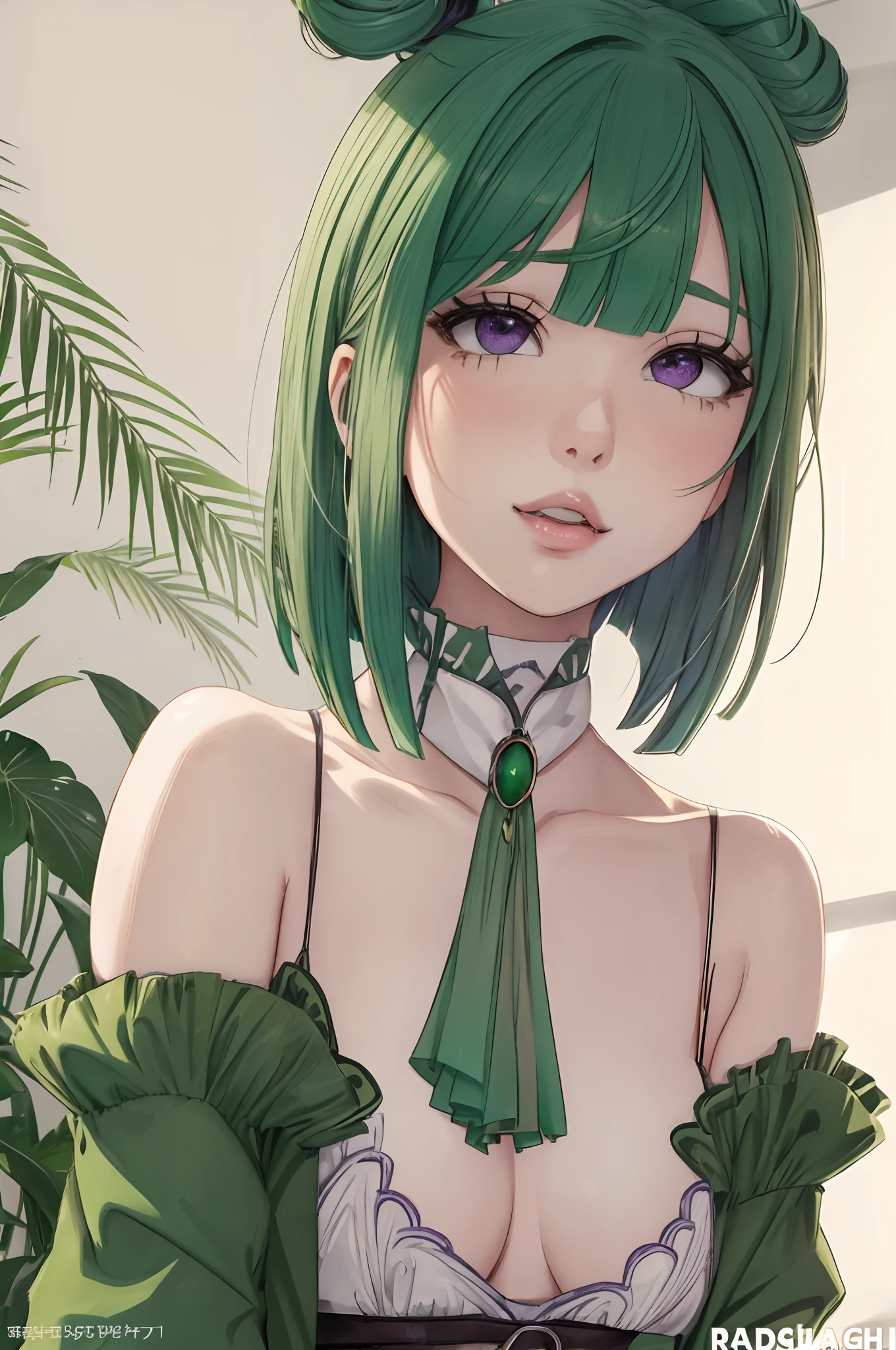 Green hair、Background white、Photorealsitic, hight resolution, 1 rapariga, Korea person, Heterochromia eyes, a purple eye、Blunt bangs、、1girl in, masutepiece, Best Quality, High quality, bob cuts、Ahegao、