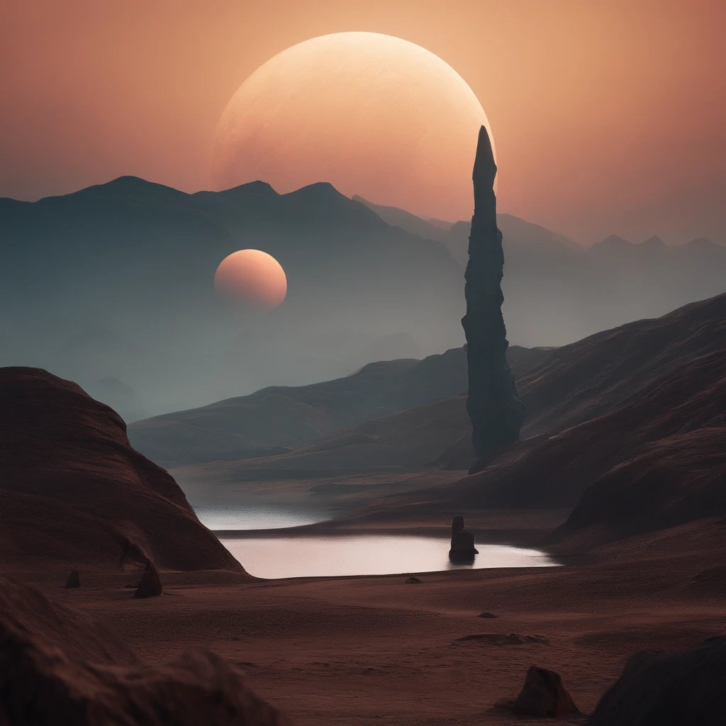 Create an art scene illustrating an alien planet with a haunting atmosphere of desolation and unease. The planet should appear barren, with a lifeless landscape that evokes a feeling of loneliness and fear. In the center of this planet, there stands a statue in the shape of a giant erected penis.