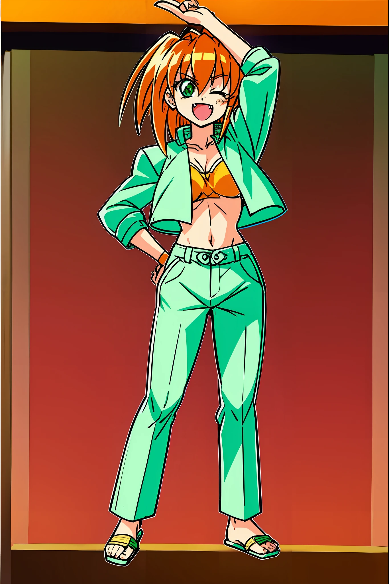 excel, orange hair, smile, fang, open mouth, green eyes,standing, medium breast, pants, pullover, , full body, flipflops, 90s style