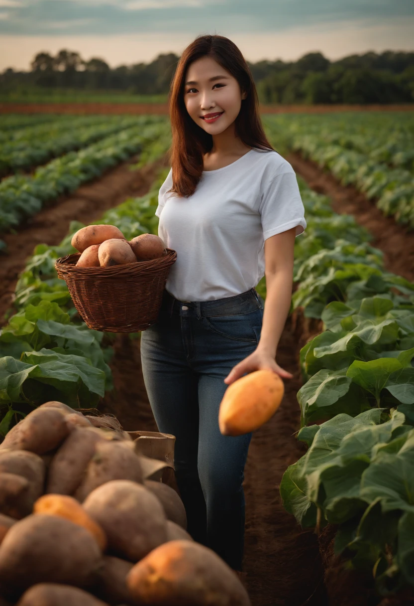 Harvesting in a sweet potato field、Single Female、G-pan、White T-shirt、Delicious sweet potatoes、brightened、Looks fun、Looking at the camera、Backlight illumination