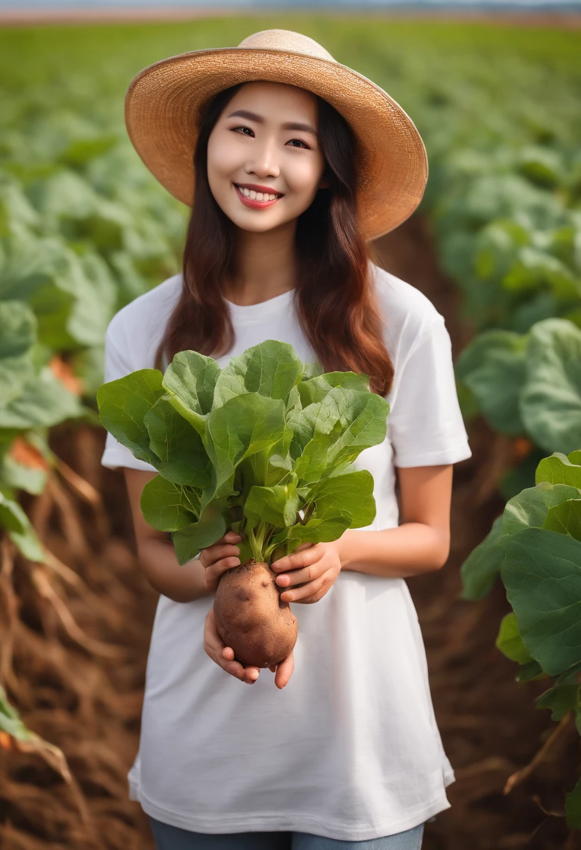 Harvesting in a sweet potato field、Single Female、G-pan、White T-shirt、Delicious sweet potatoes、brightened、Looks fun、Looking at the camera、Backlight illumination