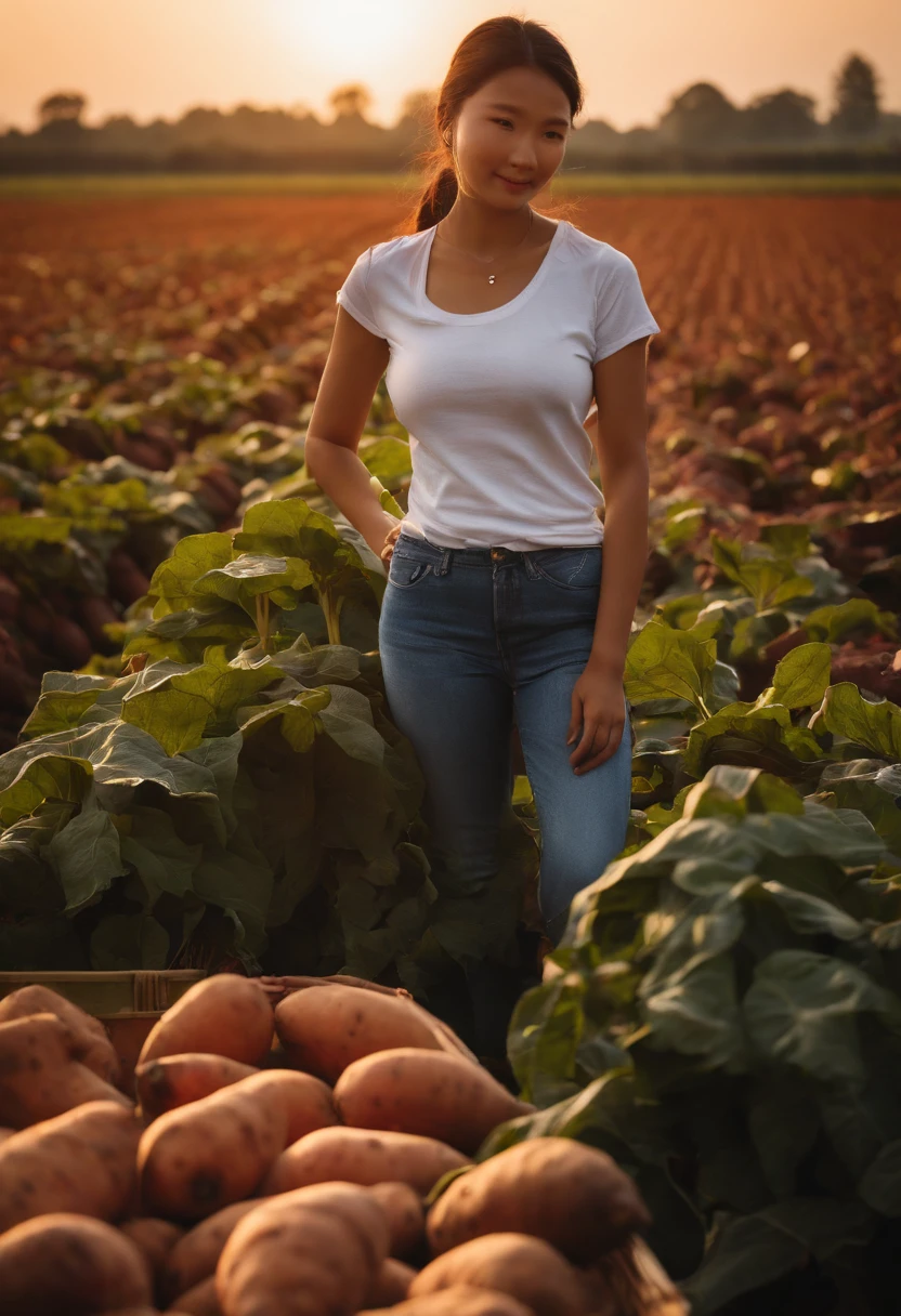 Harvesting in a sweet potato field、Single Female、G-pan、White T-shirt、Delicious sweet potatoes、brightened、Looks fun、Looking at the camera、Backlight illumination