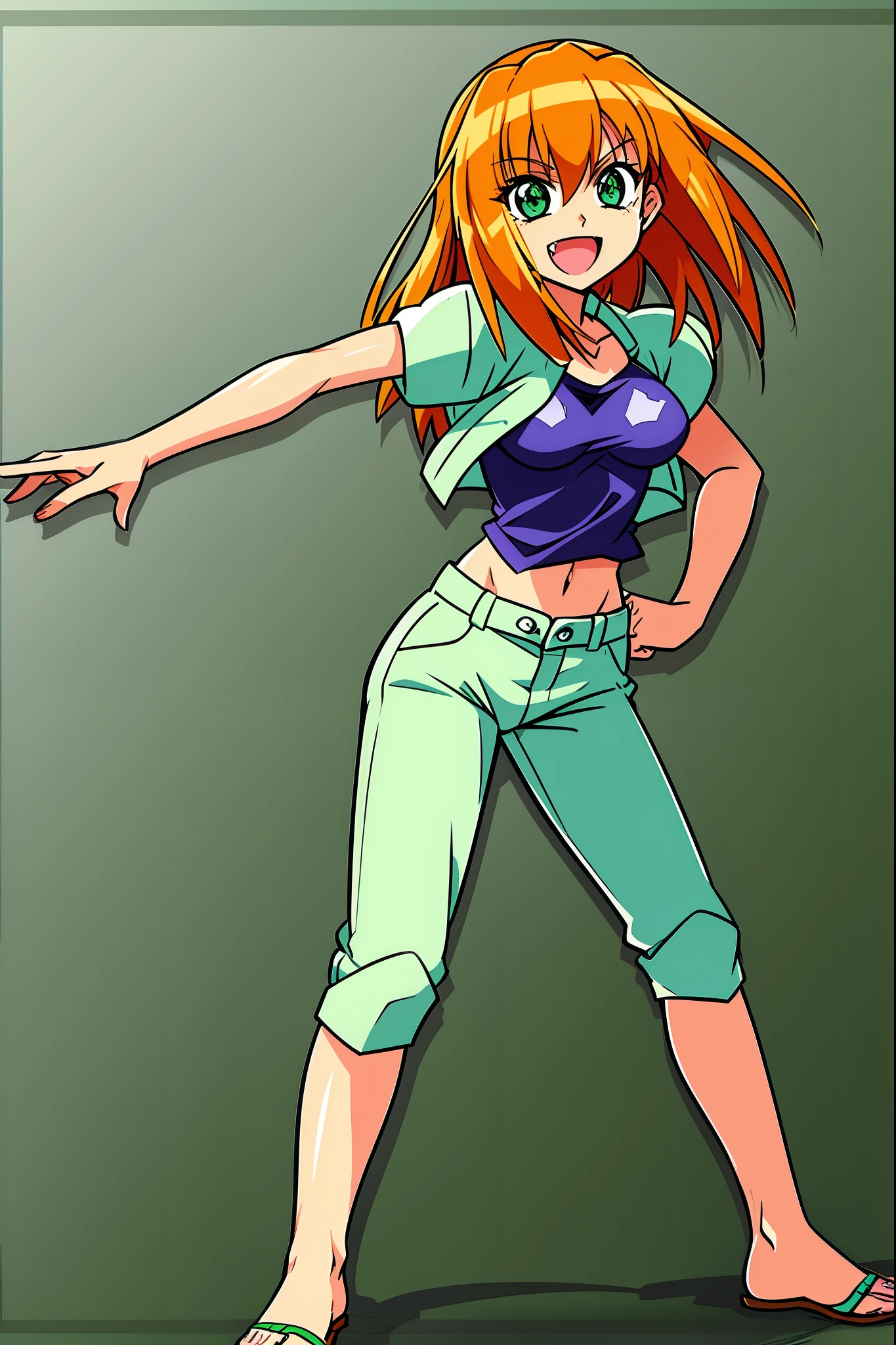 excel, orange hair, smile, fang, open mouth, green eyes,standing, medium breast, pants, pullover, , full body, flipflops, 90s style