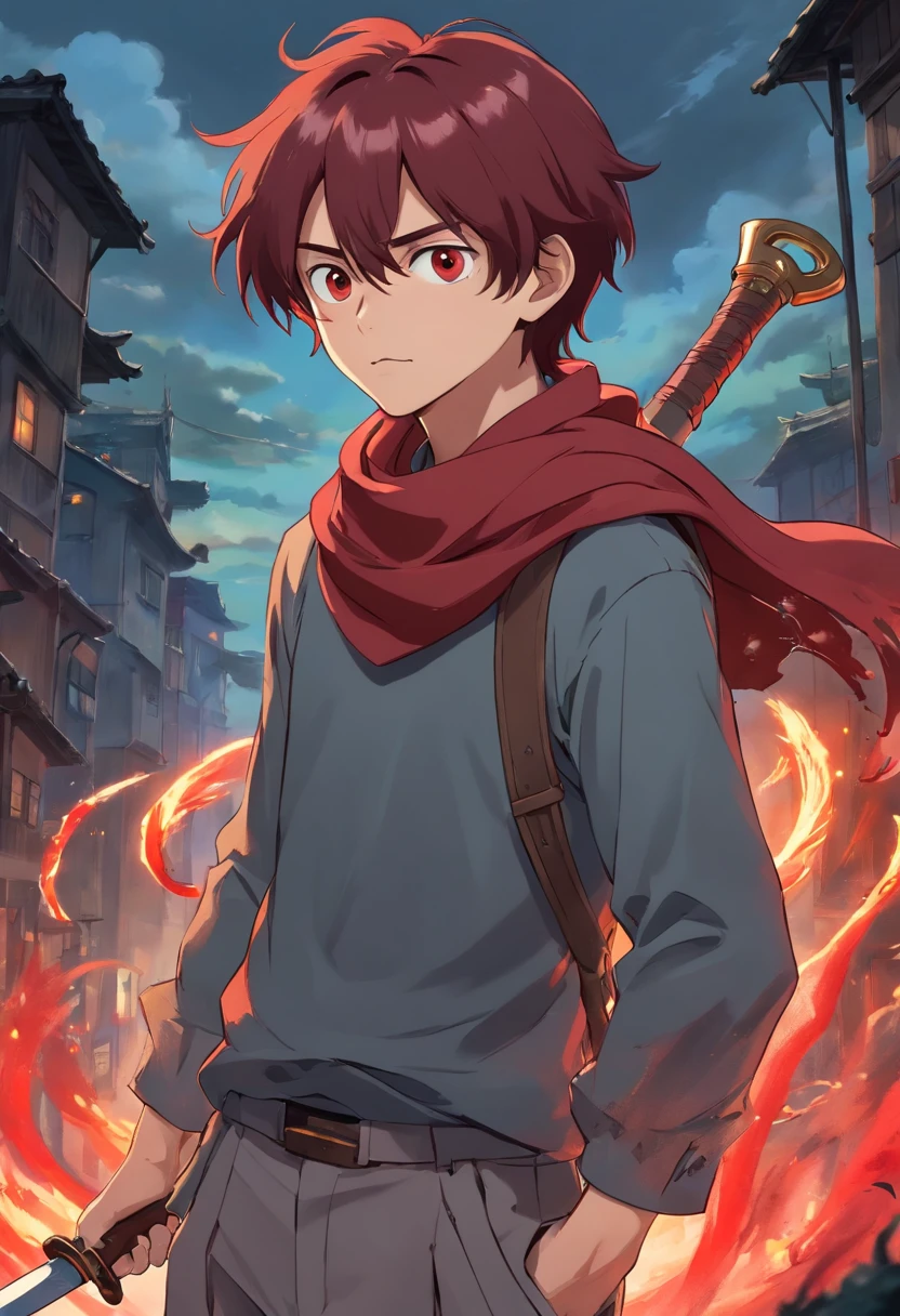 A young man of  with dark red hair very messy black eyes a gray long sleeve blouse apocalypse style a scarf with a long gray pants with a tired and lazy look with a scar on his face a relaxed posture holding a magical red scythe