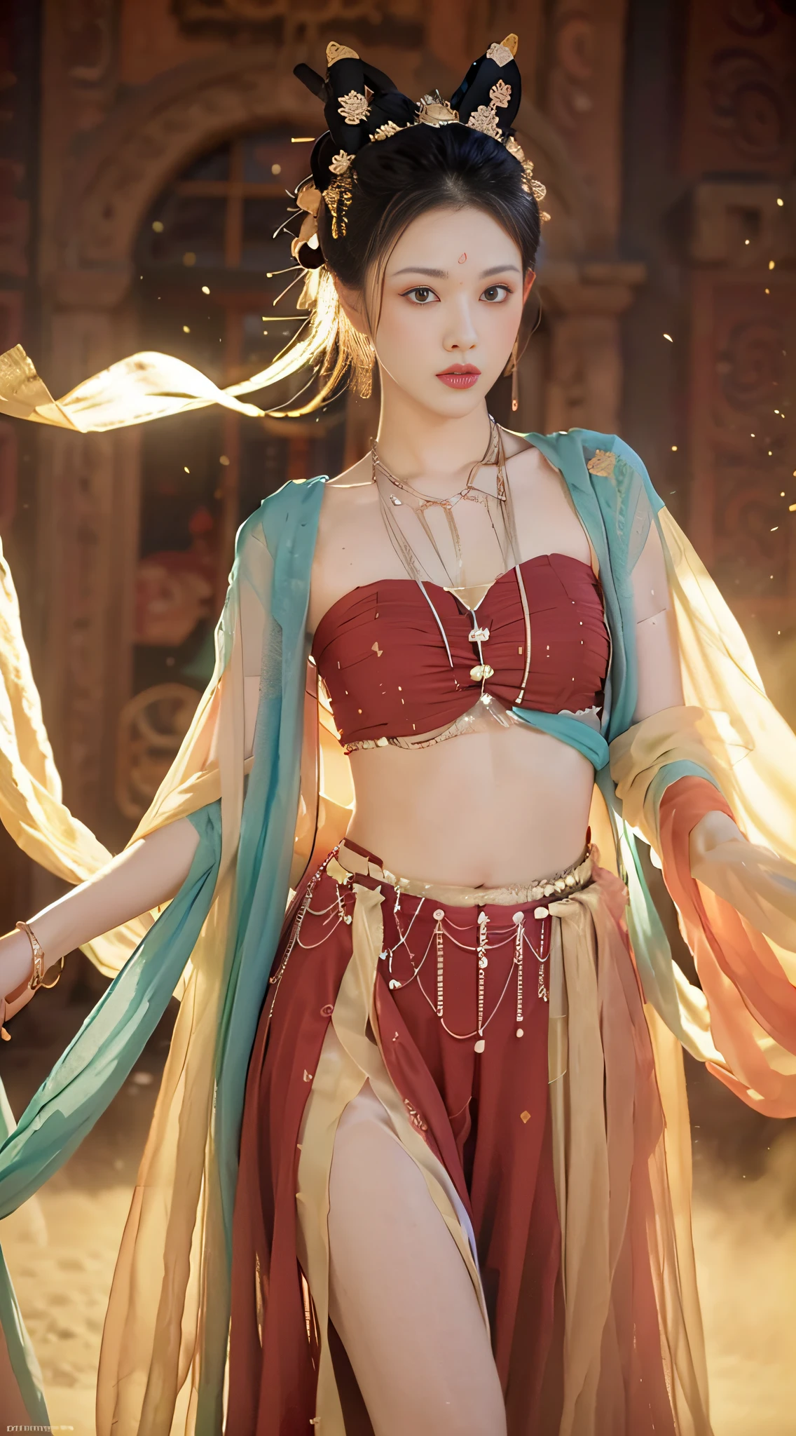 (8k, RAW photo, best quality, masterpiece:1.2), (realistic, photo-realistic:1.4), (extremely detailed CG unity 8k wallpaper), (1 girl:1.5), Western beauty, (Red clothes: 1.4), red spots on forehead, pale skin, blush, big eyes, full body, thighs, open navel, gold waist chain, gold jewelry, flying ribbons, particles, background is Loulan ancient city, ancient city wall, desert, dance, dunhuang_dress, dunhuang_style,