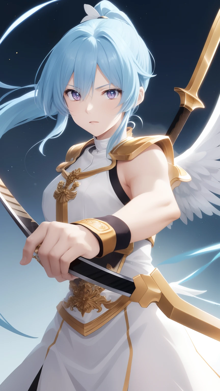 Angel anime fighting with golden eyes with light blue hair in a ponytail and swords in both hands