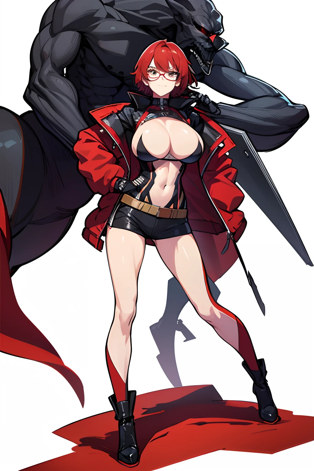 masterpiece, best quality,[(White background:1.4)::5],1mature girl,full body, red short hair, black glasses, big , muscular, army, FULLBODY, magic