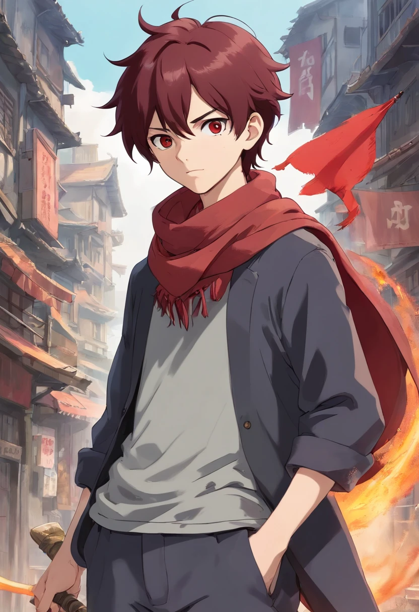 A young man of with dark red hair very messy black eyes a gray apocalypse-style long-sleeved blouse a scarf with a long gray pants with a tired and lazy look with a scar on his face a relaxed posture holding only a red two-handed scythe
