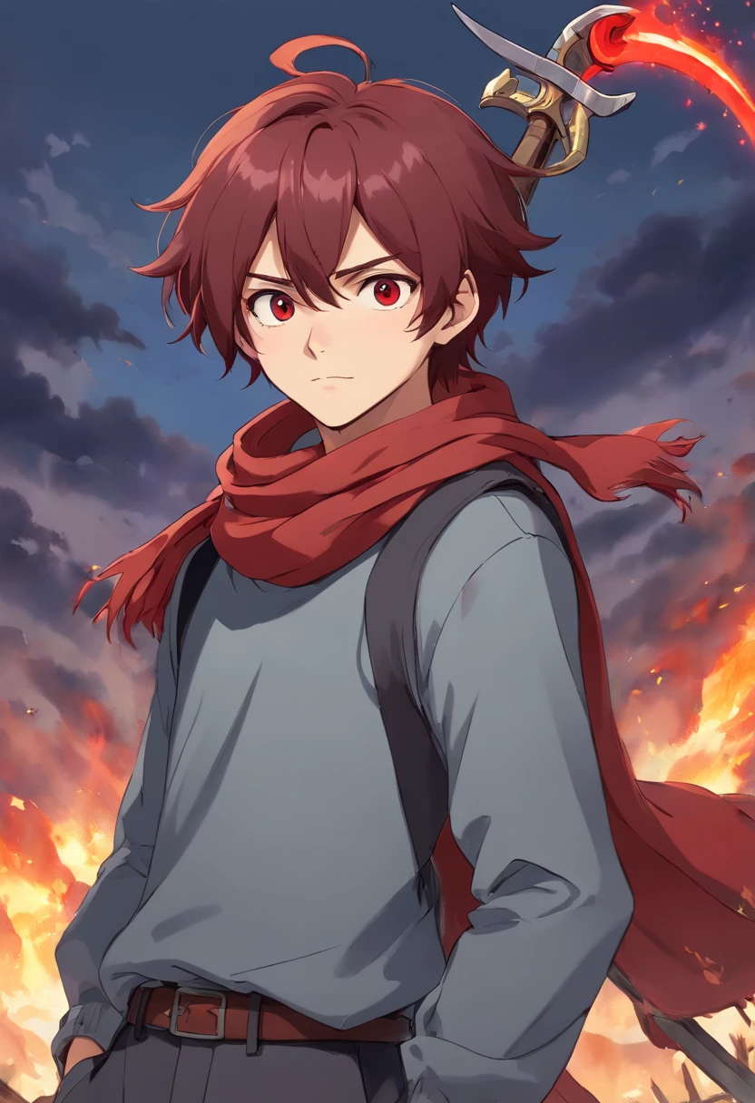 A young man of with dark red hair very messy black eyes a gray apocalypse-style long-sleeved blouse a scarf with a long gray pants with a tired and lazy look with a scar on his face a relaxed posture holding only a red two-handed scythe