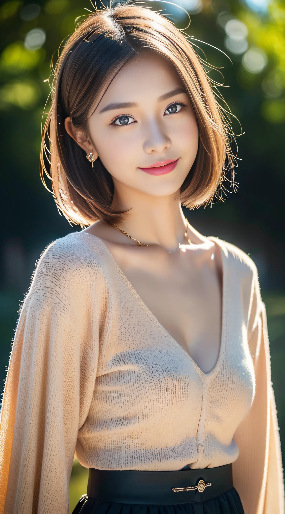 (Best Quality, 8k, 32k, Masterpiece, UHD: 1.2), Cute Japan Woman Pictures, Smiling, Fine Skin Texture, Pores, Small Breasts, Short Bob Hair, Upper Body, Face Focus, Black Tank Top, Necklace, Simple Background, Straight Front, Look Viewer, Super Detailed Face, Detailed Eyes, Double Eyelids,