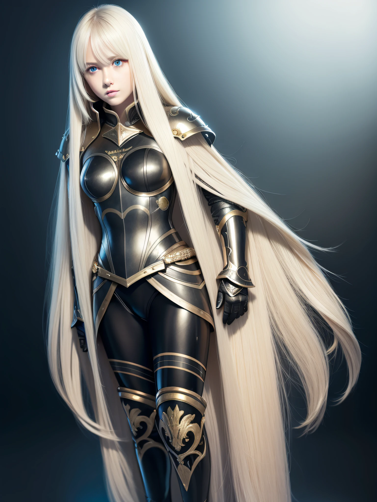 1a person、Unparalleled beauty, Lustrous firmness and shiny skin, Bangs between the eyes, Glossy Straight Beautiful Dazzling Golden Platinum Blonde, Super Long Straight Silky Hair, eye line, Sexy beautiful innocent , High definition big beautiful bright blue eyes, Beautiful and nice girl, Baby face, Fjet black armor、full-plate-armor、Beautiful big eyes、a hologram、