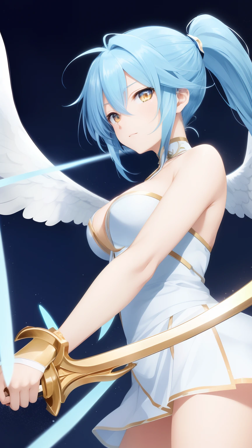 Angel anime fighting with golden eyes with light blue hair in a ponytail and swords in both hands