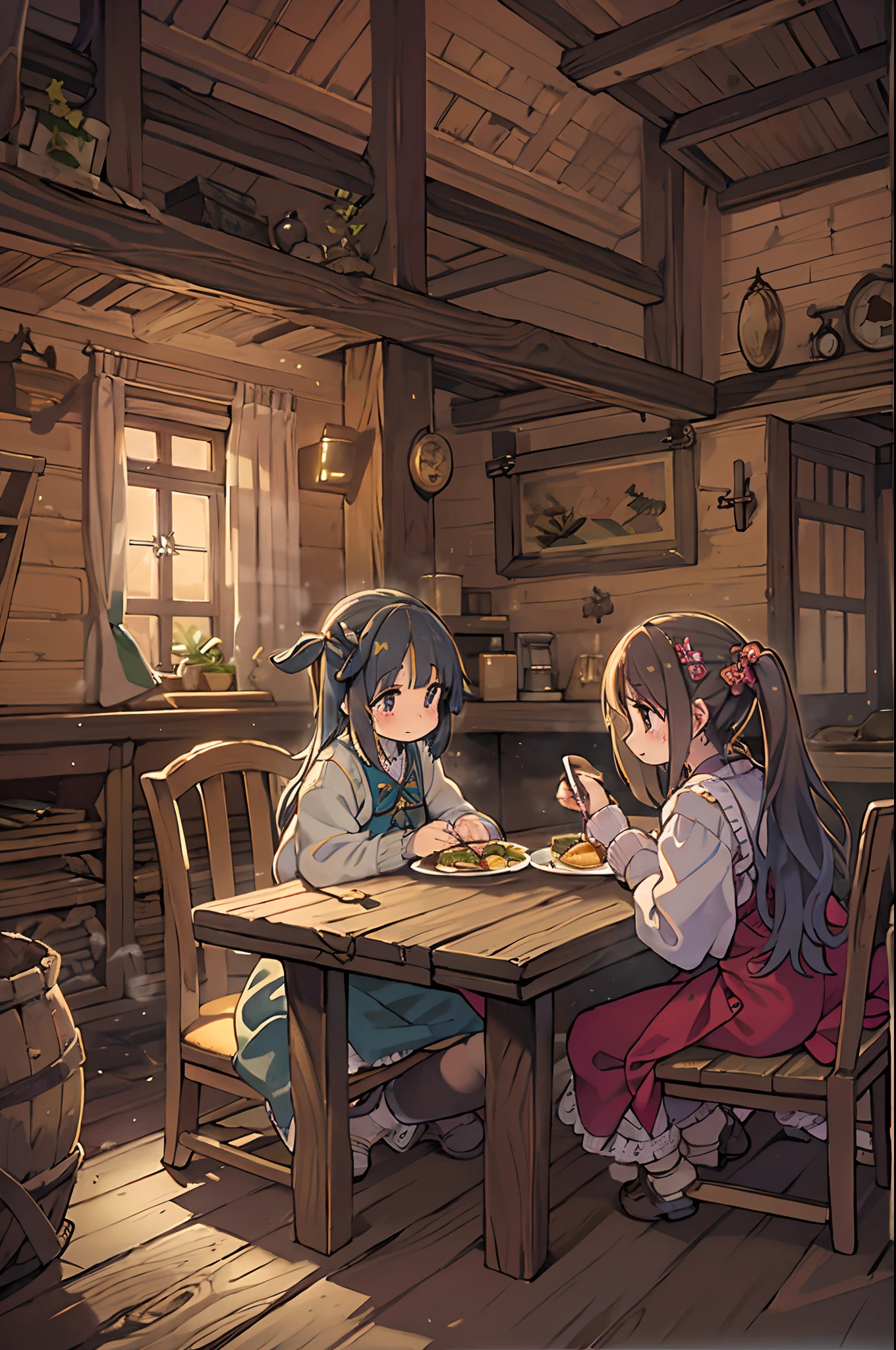 masutepiece、Rural, Medieval, inn, Indoors, humble, The table, a chair, Dinner Plate, quadratic, Pibix ,2girls