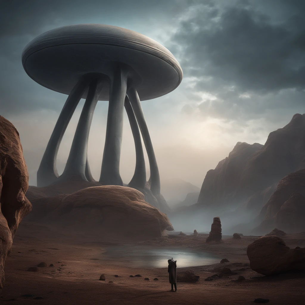 Create an art scene illustrating an alien planet with a haunting atmosphere of desolation and unease. The planet should appear barren, with a lifeless landscape that evokes a feeling of loneliness and fear. In the center of this planet, there stands a statue in the shape of a giant erected penis. The statue is very detailed and realistic look.