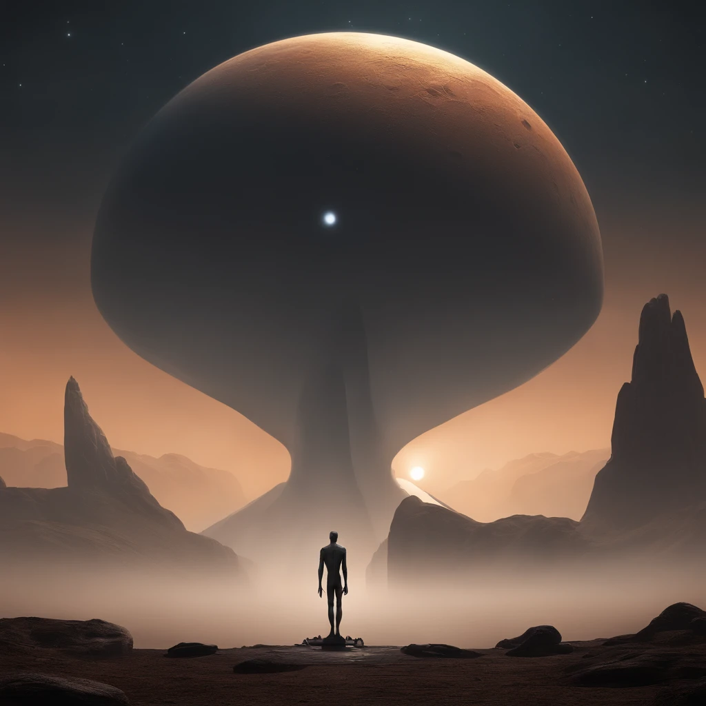 Create an art scene illustrating an alien planet with a haunting atmosphere of desolation and unease. The planet should appear barren, with a lifeless landscape that evokes a feeling of loneliness and fear. In the center of this planet, there stands a statue in the shape of a giant erected penis. The statue is very detailed and realistic look.