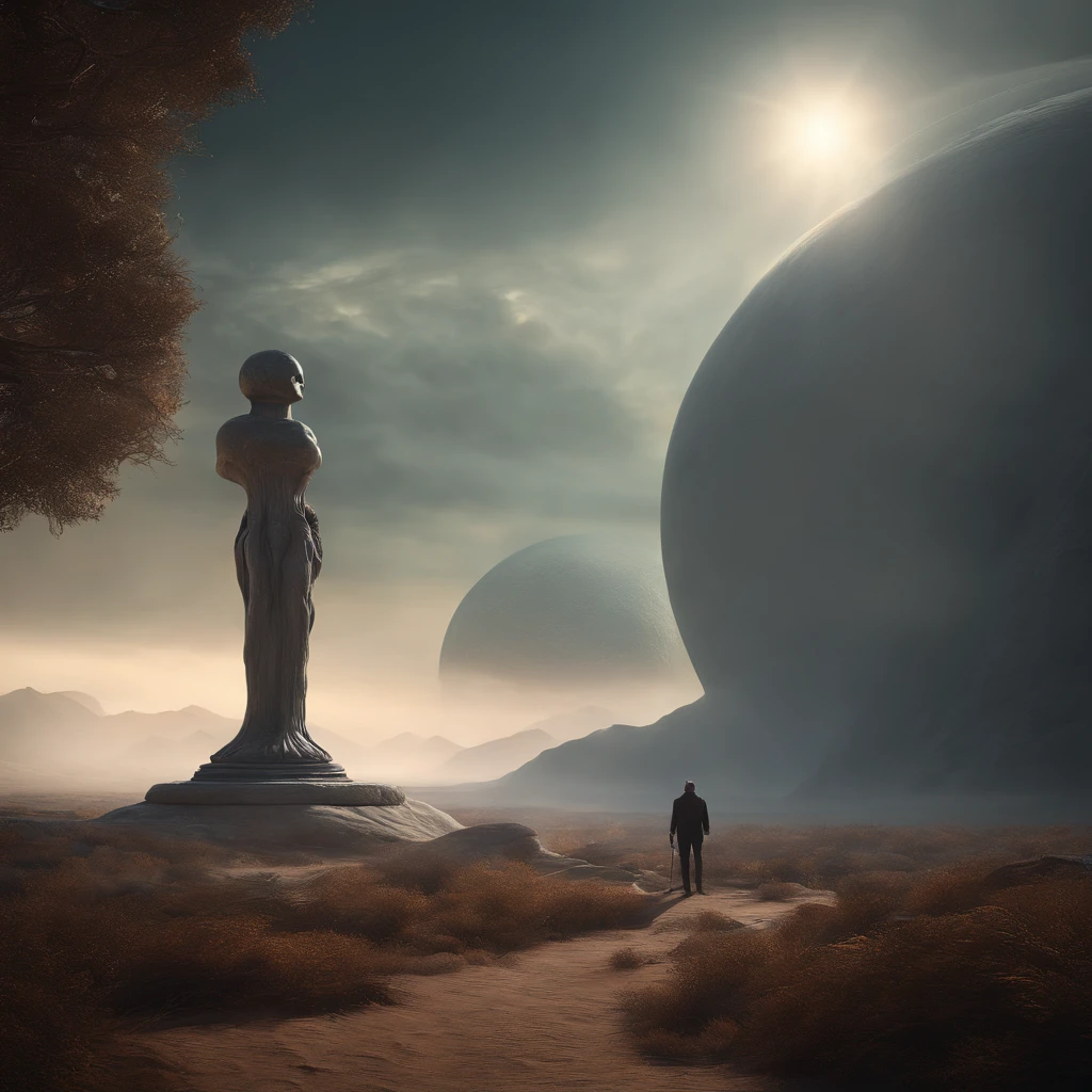 Create an art scene illustrating an alien planet with a haunting atmosphere of desolation and unease. The planet should appear barren, with a lifeless landscape that evokes a feeling of loneliness and fear. In the center of this planet, there stands a statue in the shape of a giant erected penis. The statue is very detailed and realistic look.