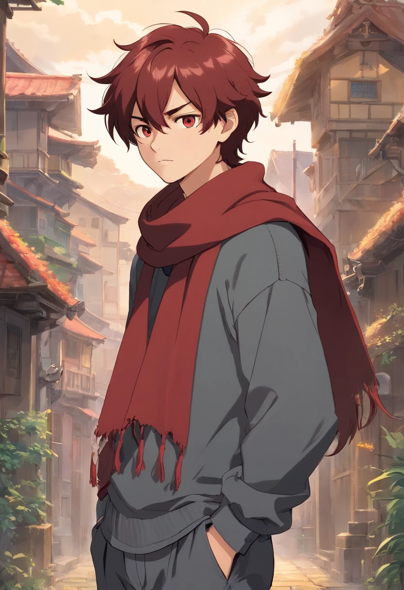 A young -yeld maith messy dark red hair, black eyes, a gray apocalypse-style long-sleeved blouse, a scarf with a long gray pants, looking tired and lazy, with a scar on his face, a relaxed posture holding only a two-handed scythe;