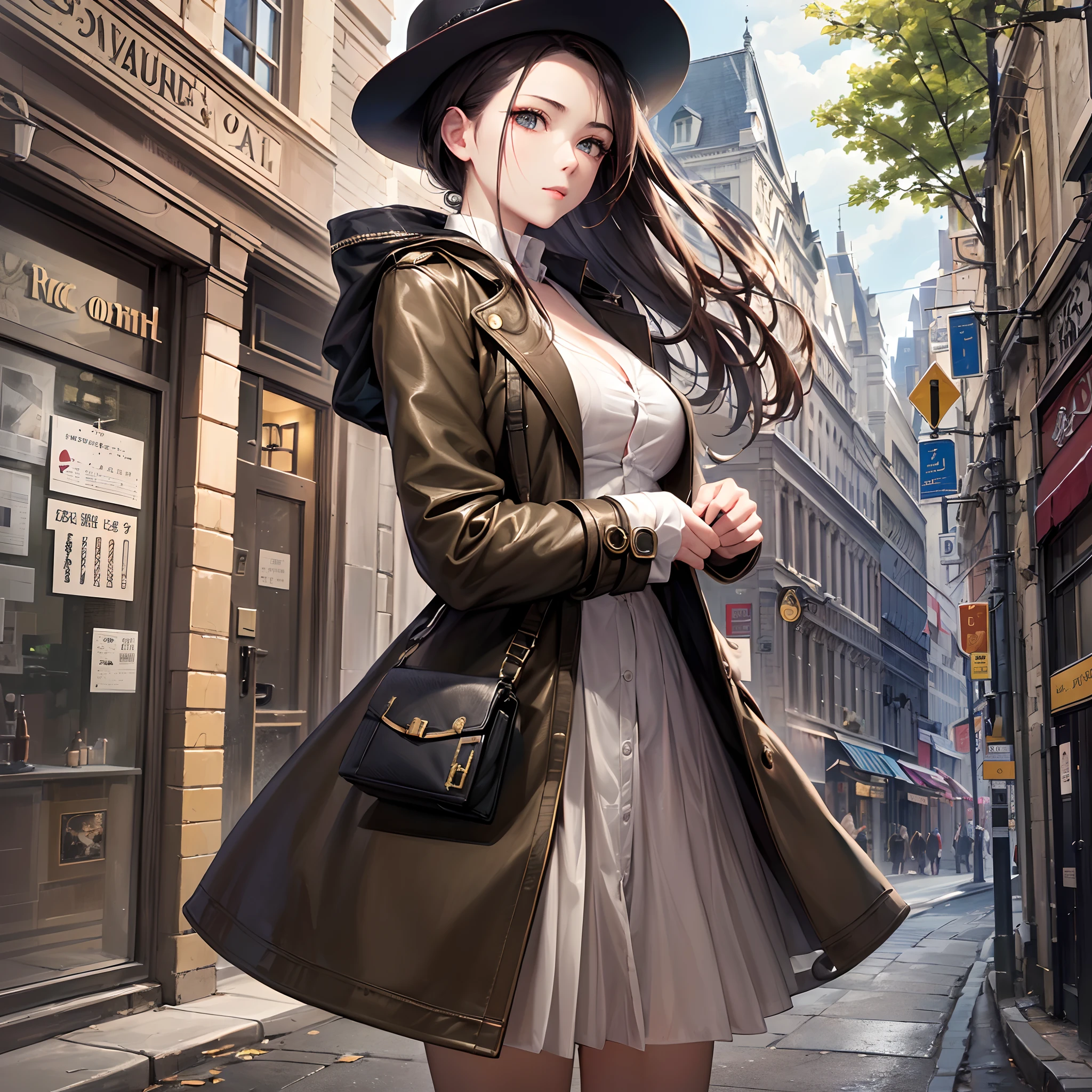 (Finest quality)),(超A high resolution),(ultra-detailliert),(Meticulous portrayal),((best pictures)),(Finest works of art),Ultra-Precision Art,The art of astounding depiction, (1人の女性:1.3),detective:1.4,trench coat, Paved roads