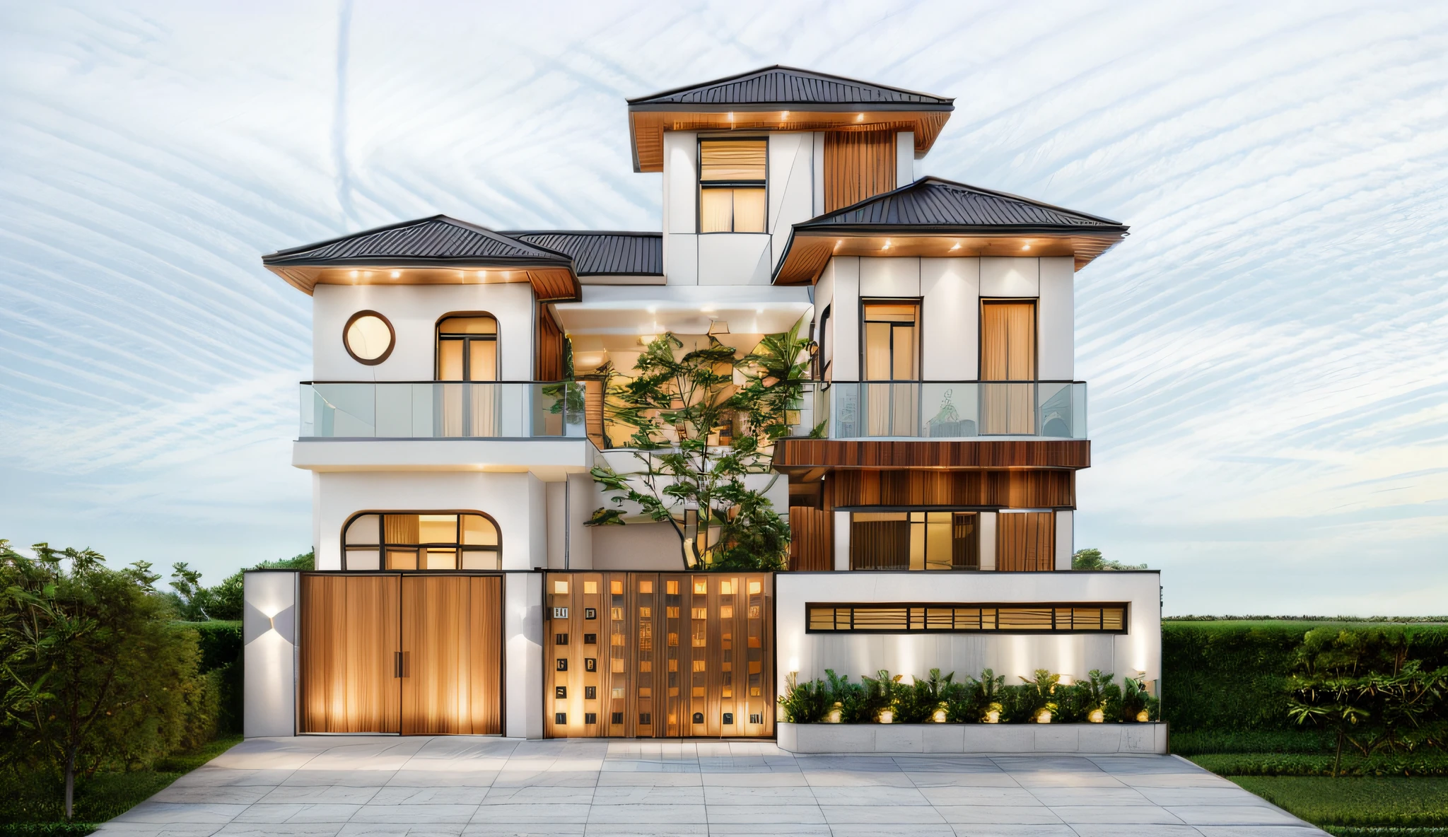 RAW photo, outdoor, (residential architecture exterior:1.3), 1 house architecture, (elegant), Singapore tropical modern house style, white wall and glass and rock and black steel and wood, (Luxury home with exquisite finishing:1.3), (wood),Beautiful tropical garden, warm yellow light in the interior, dark night sky, (high detailed:1.2), (Evening environment with warm dominant interior lighting), 8k uhd, ds, soft lighting, high quality, film grain, Fujifilm XT3