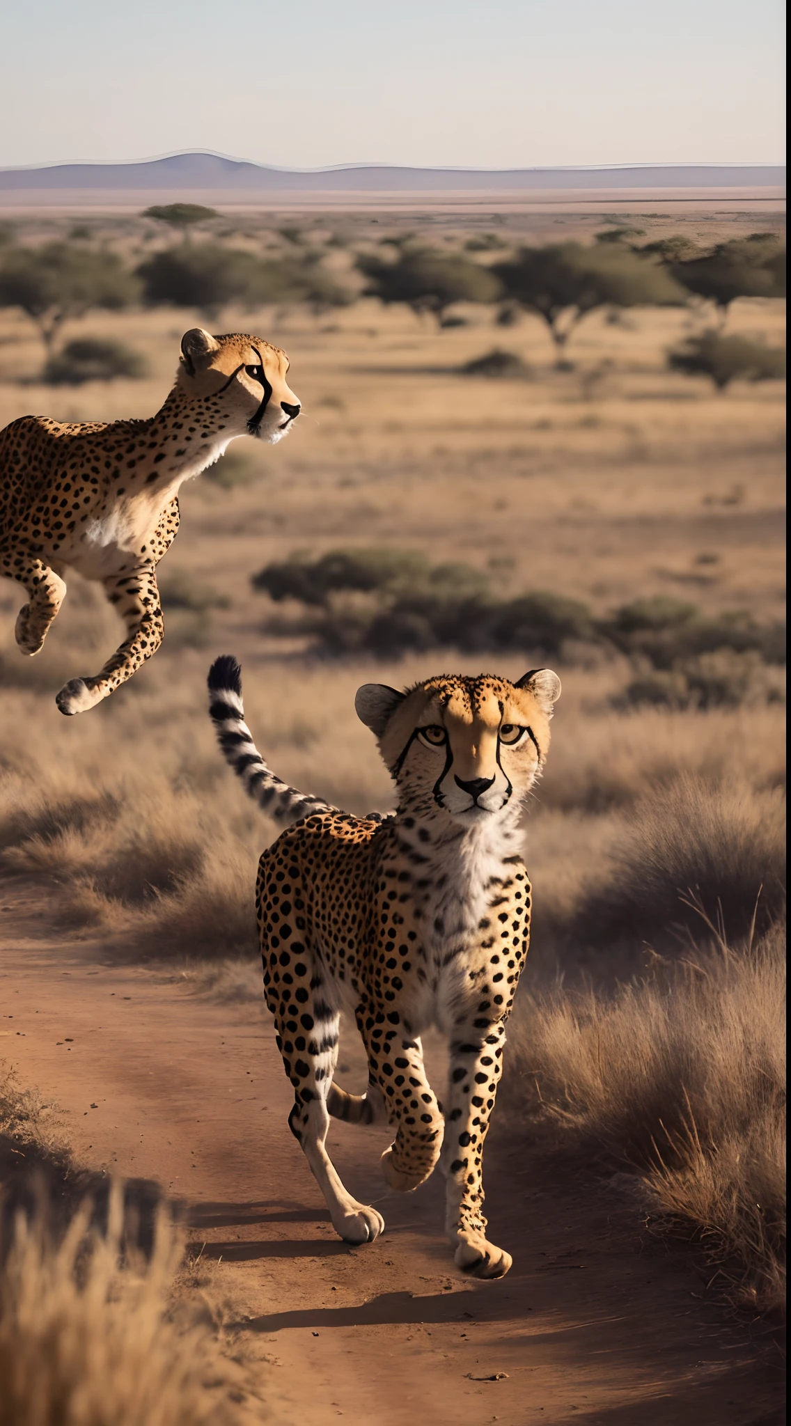 Cheetah chasing an antelope on the African Savannah in cinematic late afternoon lighting, ultra realistic, vivid colors