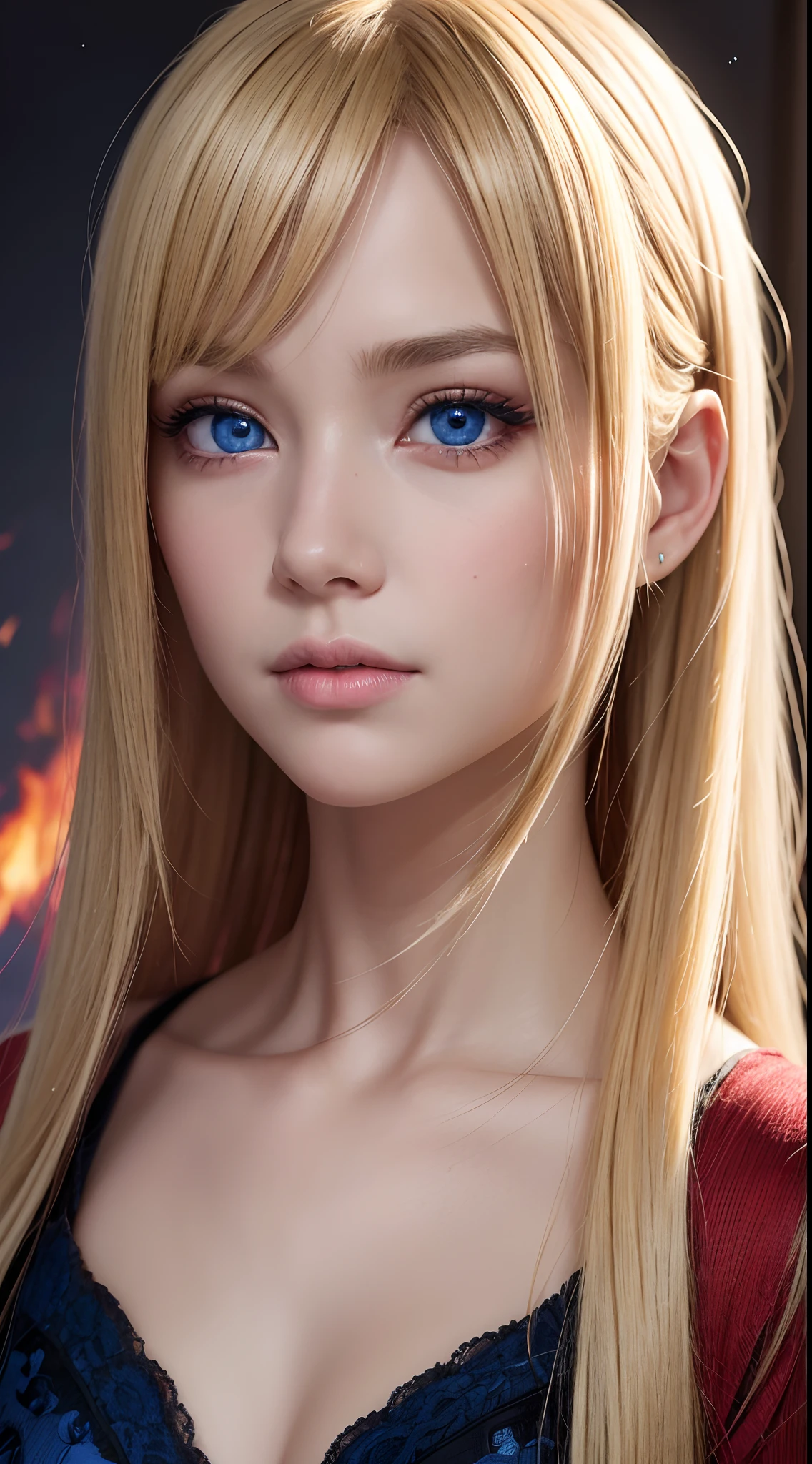 Best quality, 4K, high resolution, Masterpiece:1.2, super ultra detail, (Realistic, Photorealistic, photo-realistic:1.37), Vibrant red and blue eyes,Strong gaze,Mesmerizing eye contact,Fire-red iris,Dark blue shining stars,Shining pupils,Vivid colors,Portrait,Fantasy art,Magical red light,Ethereal beauty,Red color palette,Heterochromia is described in particular detail,Long yellow hair。