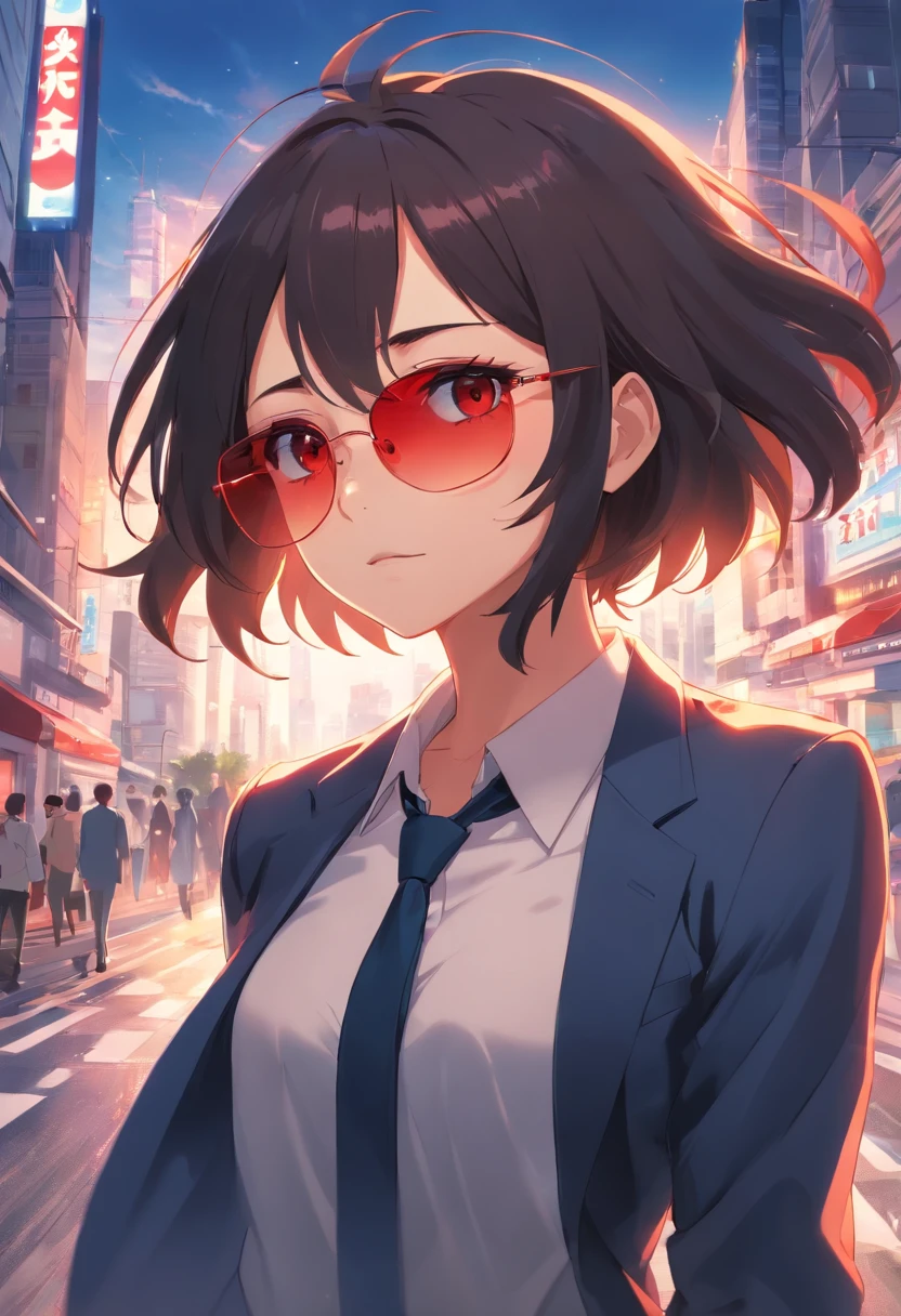 A dark-haired、Hair is about waist length、Eyes are jito eyes、Eye color is red、nosebleed、Injuries are frequent、Wearing a suit、sunglasses