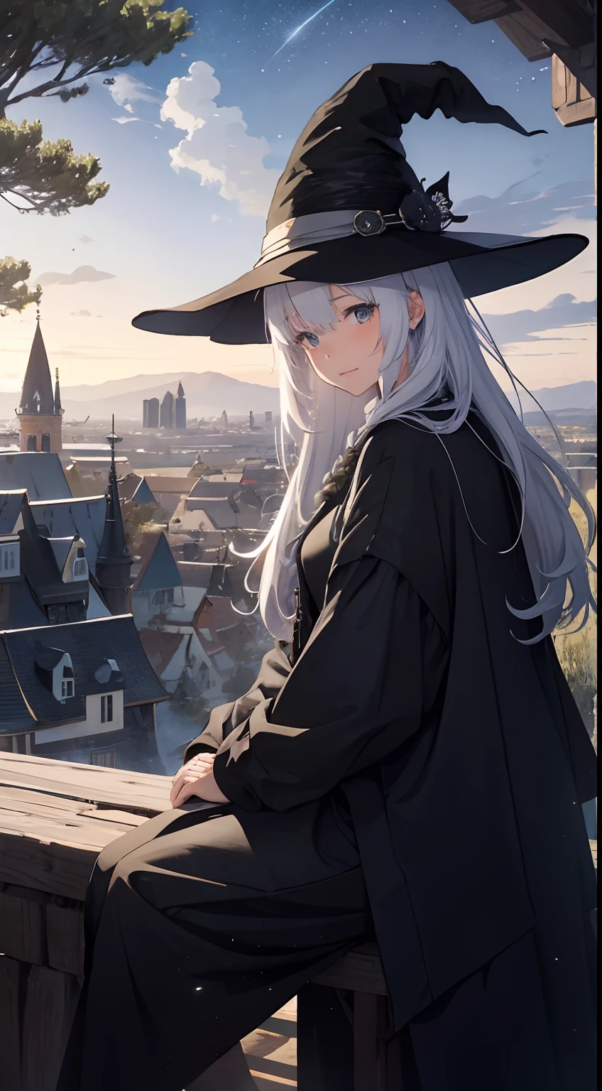 ,landscapes, natta, 1girl in, nigh sky, 独奏, plein air, built, clouds, milkyway, sitting on, The tree, length hair,, silhuette, Cityscape、the witch、White-haired witch、The Witch's Journey、natta、Black hat、A city in another world、Medieval European-style cityscape