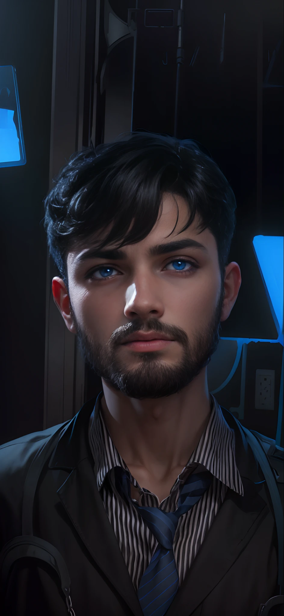 Boy made in abys, black hair, in the darknessBoy made in abys, black hair, in the darkness, blue eyes, blue background ,ultra 8k hd