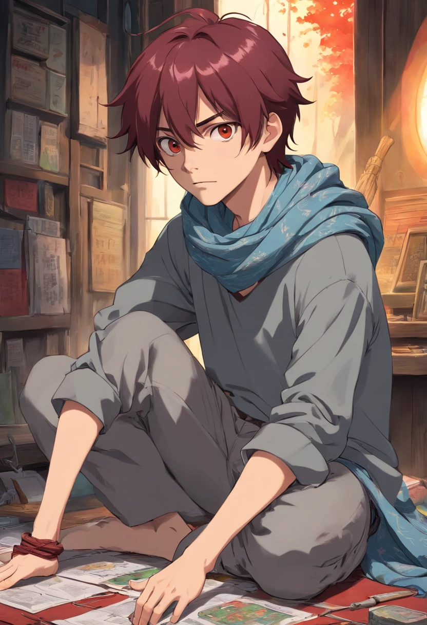 A young man of with dark red hair very messy black eyes a long sleeve blouse gray apocalypse style a scarf with a long gray pants with a look of tired and lazy with a scar on his face a relaxed posture holding Kusarigama