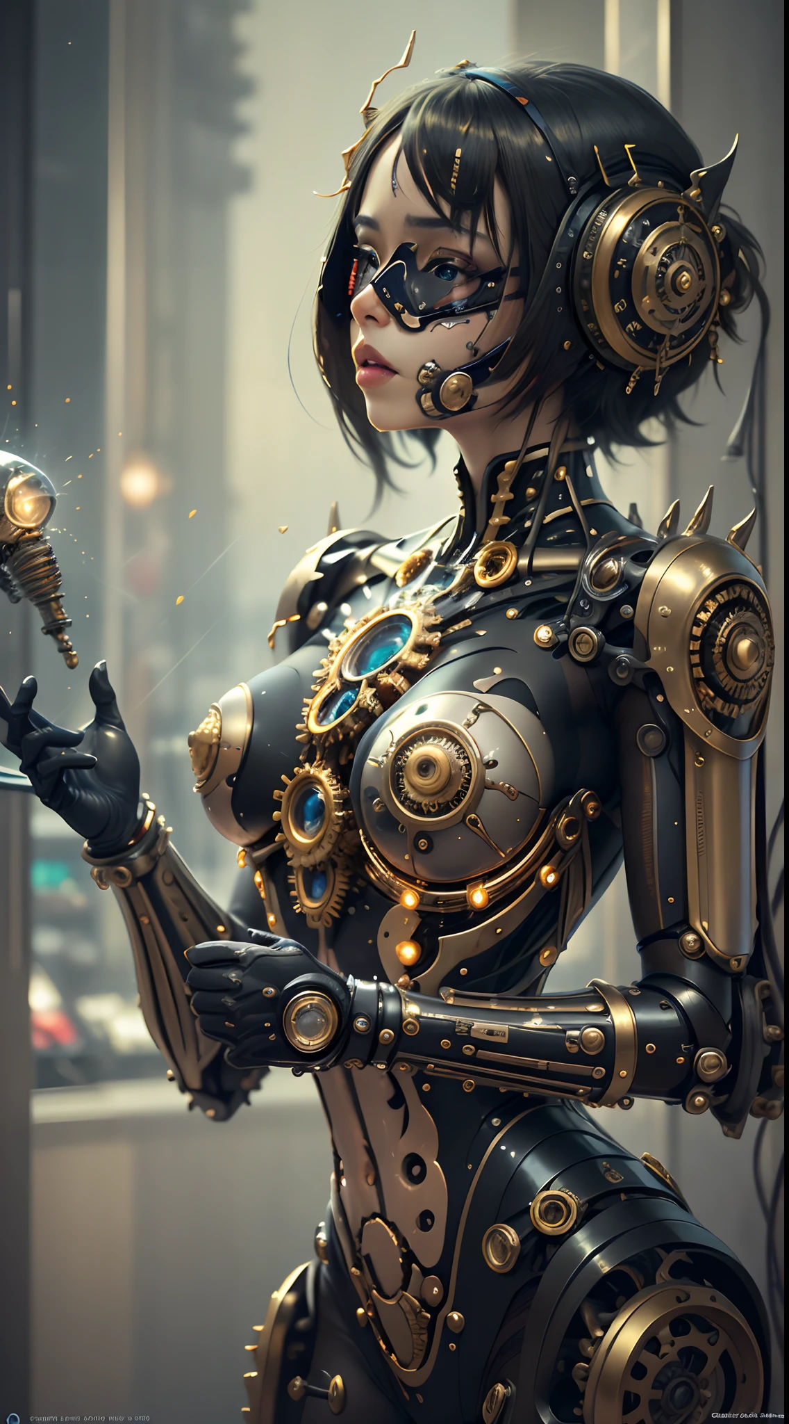 Topic prompts "Atomic heart, Mechanical girl" as follows: Atomic heart,(Ebony Gold AI:Mechanical girl),With glass mask,(((glass mask))),Shiny metal skin,Mechanical body parts,Mechanical gears and gears, [Meticulous, Surgical precision],(standing in road),Science fiction art style,Vibrant colors,High-res,Ultra-detailed,Realistic lighting effects,Bokeh.