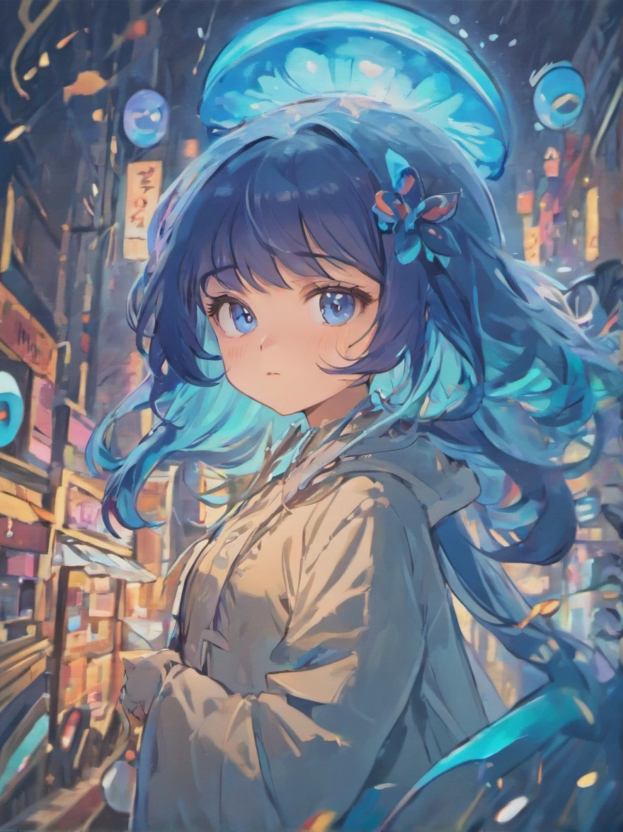 masterpiece, best quality, chibi young woman, shiny blue eyes, (detailed pupils:1.2), beautiful light black hair, streaked hair, multi color mushroom, medium hair, perfect face, detailed, (mushroom on head :1.3), full body, soft color palette, depth of field, cheerful expression