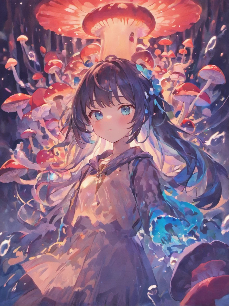 masterpiece, best quality, chibi young woman, shiny blue eyes, (detailed pupils:1.2), beautiful light black hair, streaked hair, multi color mushroom, medium hair, perfect face, detailed, (mushroom on head :1.3), full body, soft color palette, depth of field, cheerful expression