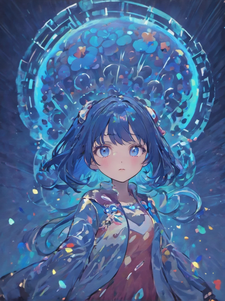 masterpiece, best quality, chibi young woman, shiny blue eyes, (detailed pupils:1.2), beautiful light black hair, streaked hair, multi color mushroom, medium hair, perfect face, detailed, (mushroom on head :1.3), full body, soft color palette, depth of field, cheerful expression