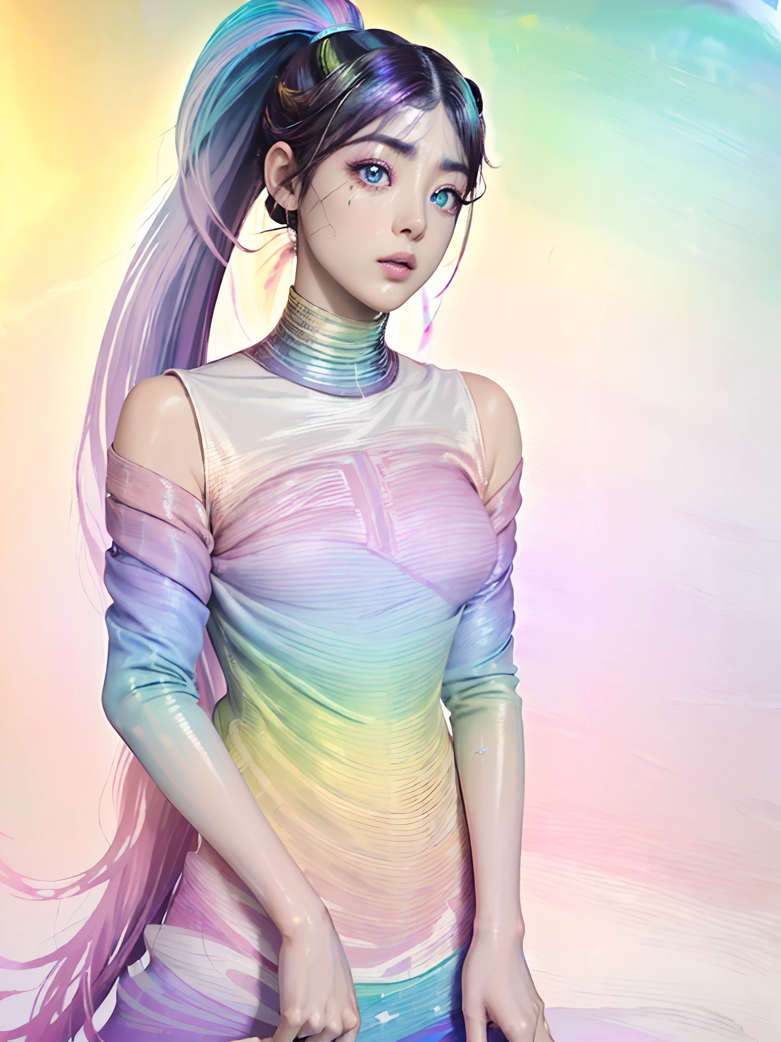 (NSFW、SFW、masuter piece、Best Quality、masutepiece、top-quality、Top image quality、extremely beautiful lady、{Gigantic|Very big breasts|It's too huge|Very mega} breasts, cleavage)、(Pink fashion T-shirt:1.9)、(colourful hair:1.8)、(all the colours of the rainbow:1.8)、((((Vertical Painting:1.6)))、(Painterly:1.6)、frontage、comic strip、illustratio、Painterly、big eye、Sheer eyes、(Iridescent gradient high ponytail:1.7)、Exquisite makeup、Mouth closed、(Small fresh:1.5)、(Wipe Chest:1.6)、long eyeslashes、White off-the-shoulder T-shirt、White shoulder shirt、looking at the spectator、Large watery eyes、(rainbow-colored hair:1.6)、 color splashes, (独奏:1.8), color splashes, Color explosion, Thick paint style, Messy lines, ((Shines)), (colourfull), (colourfull), colourfull, colourfull, Chic paint style, (Splash) (color splashes), Vertical Painting, The upper part of the body, Paint splashes, Acrylic Pigment, gradients, paint, Top image quality, Top image quality, ​masterpiece, 独奏, depth of fields, facepaint, colourful clothes, (elegent: 1.2), Gorgeous,length hair, the wind, (elegent: 1.3), (flower petals:1.4)、(((​masterpiece)))、(((top-quality)))、((ultra-detailliert))、(illustratio)、(dynamic ungle)、((Planktonic))、(paint)、((dishevled hair))、(独奏)、(1girl in)、((Detailed anima face)))、((beautifull detailed face))、collars、bare shoulders​、white  hair、((colourful hair))、(((striated hair))、beatiful detailed eyes、(Gradient color eyes)、(((Colorful eyes))))、(colorful backdrop))))、((((a high chroma))))、(((Surrounded by colorful splashes)))、Look firmly at the camera、((extremely beautiful lady、Symmetrical beauty、Add strong highlights to the eyes))、Be bold in the crotch、portlate、Perfect Angle、acrobatic pose、