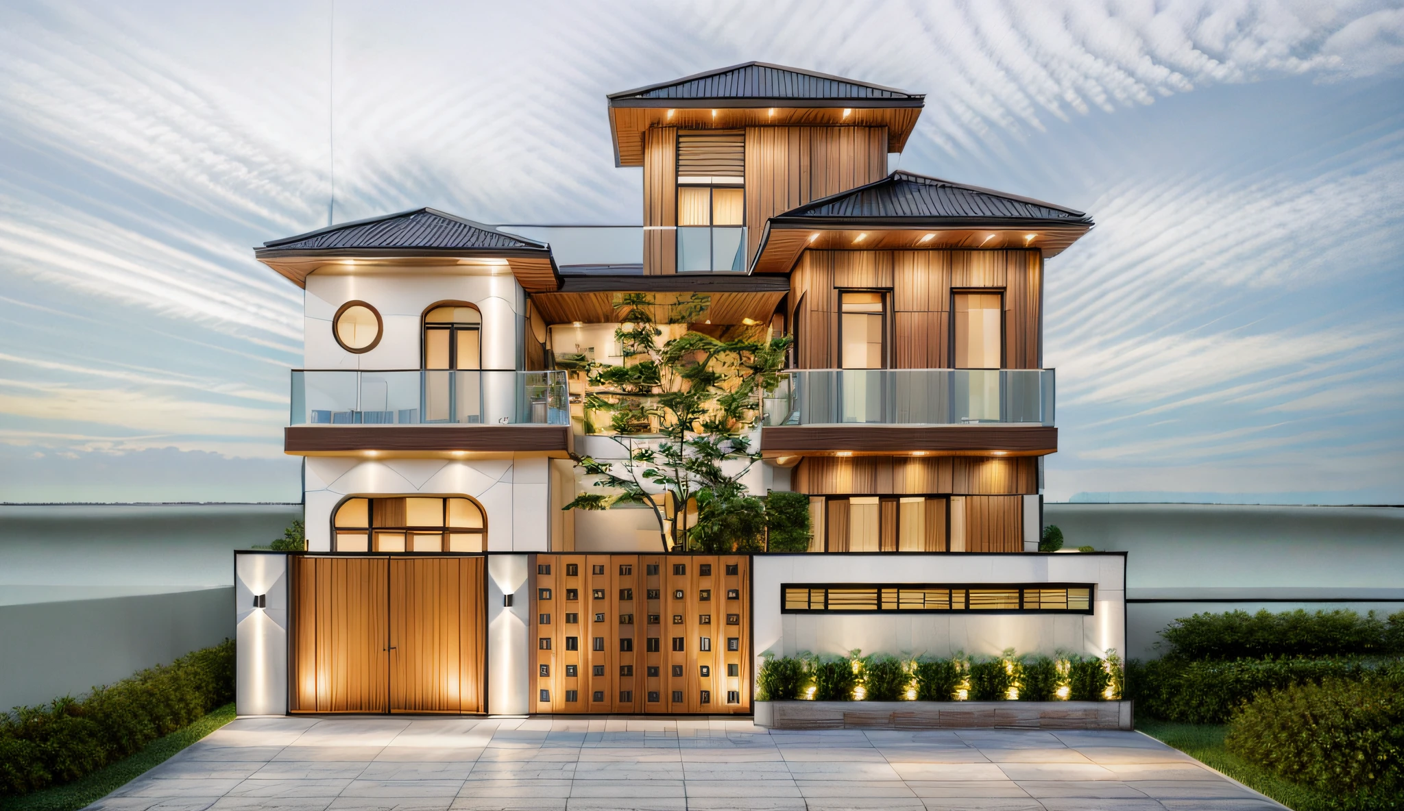 RAW photo, outdoor, (residential architecture exterior:1.3), 1 house architecture, (elegant), Singapore tropical modern house style, white wall and glass and rock and black steel and wood, (Luxury home with exquisite finishing:1.3), (wood),Beautiful tropical garden, warm yellow light in the interior, dark night sky, (high detailed:1.2), (Evening environment with warm dominant interior lighting), 8k uhd, ds, soft lighting, high quality, film grain, Fujifilm XT3