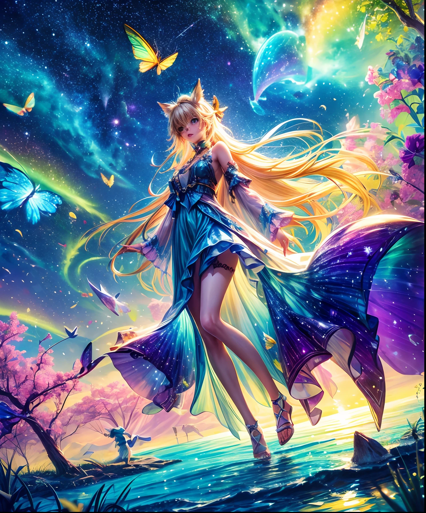 Cute girl character、Describes a scene with grassy butterflies lying on the water flying around, Looking up at the starry sky. Surround her with colorful nebulae and her favorite constellations.
